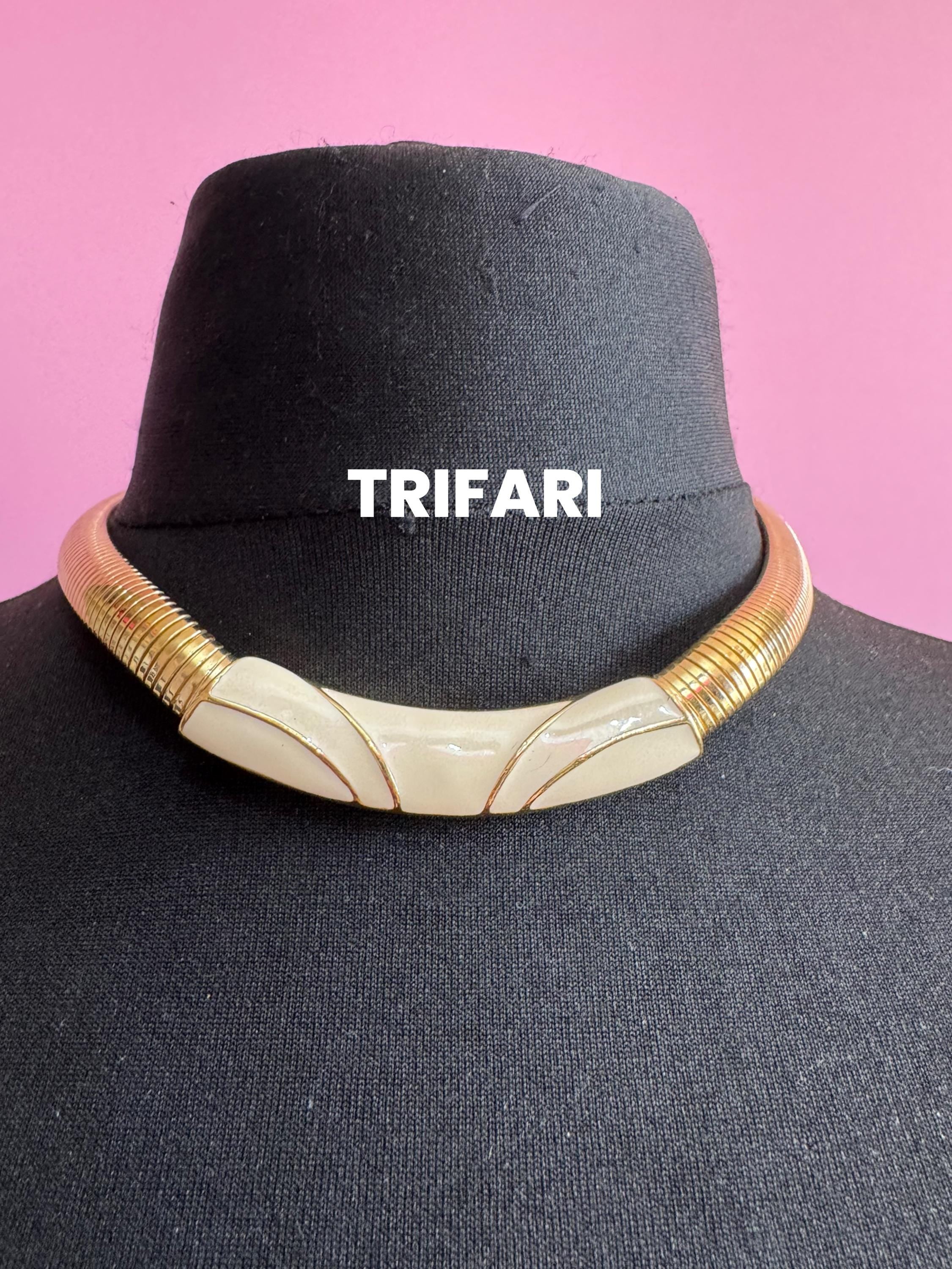 TRIFARI Cream enamel omega gold Choker, Vintage signed