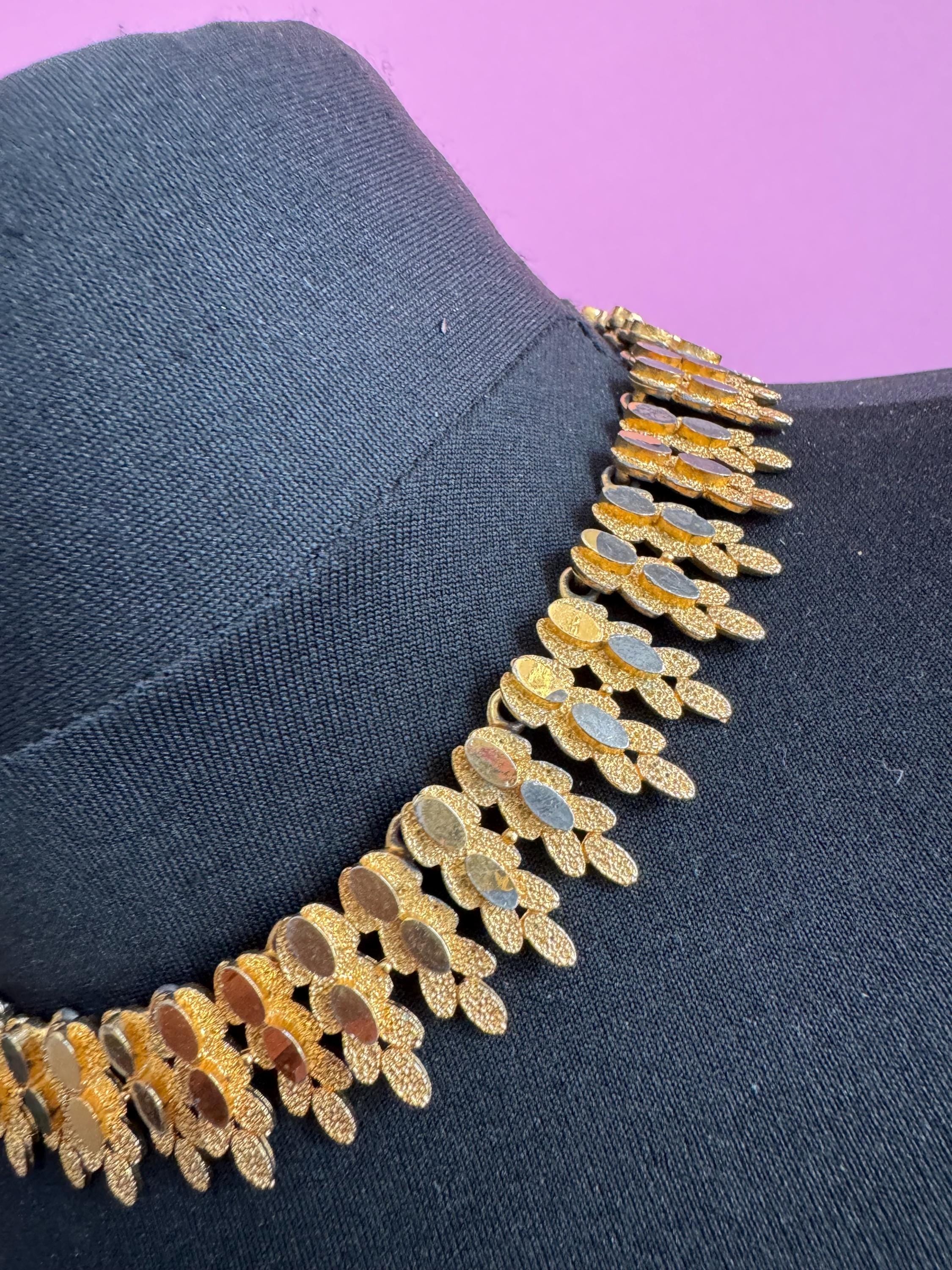 Vintage panel link brutalist choker necklace,  gold tone set some plate loss