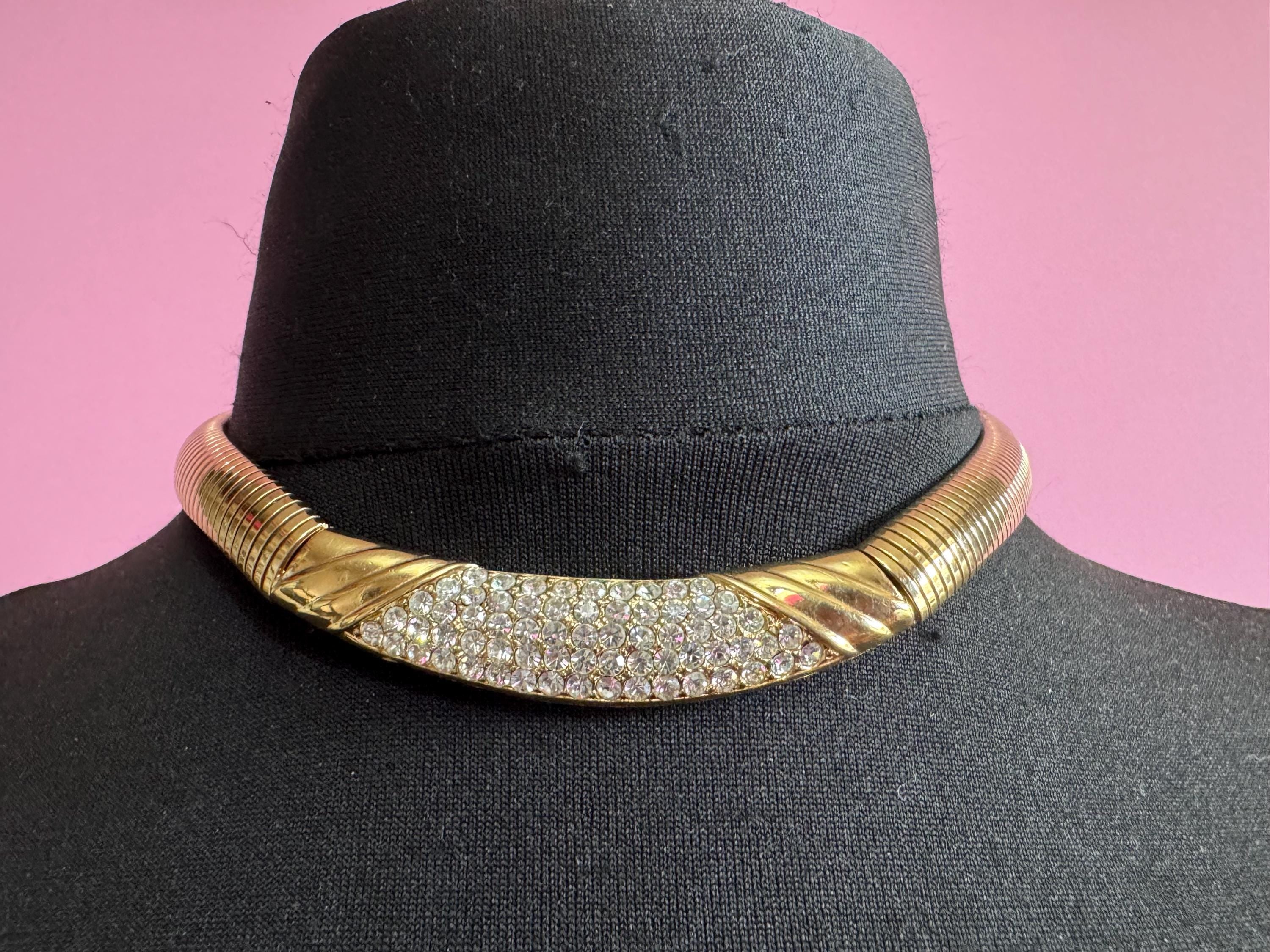 Rhinestone wide omega choker necklace, clear stones vintage 80s