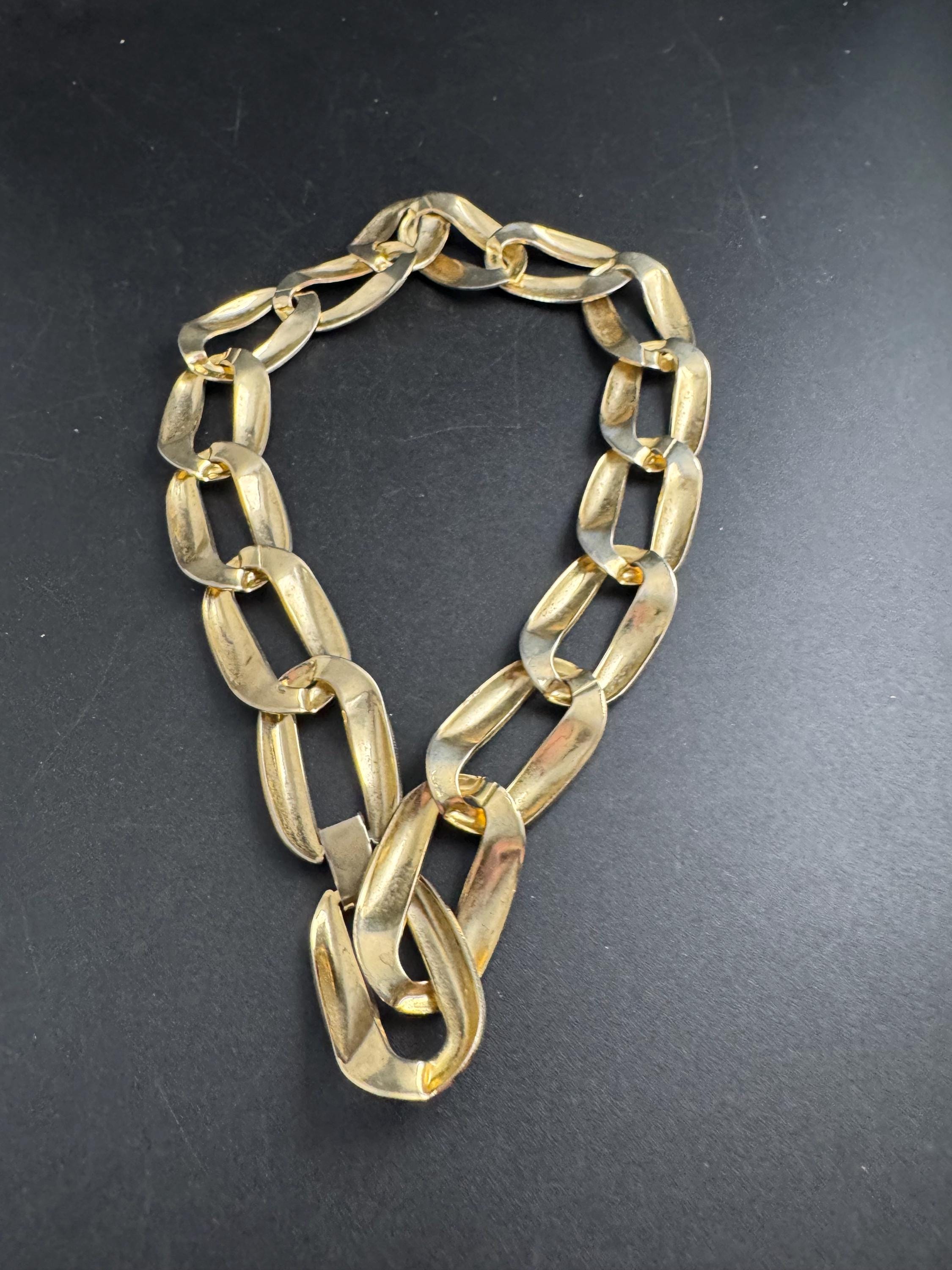 wide gold curb chain choker, chunky statement necklace 1980s