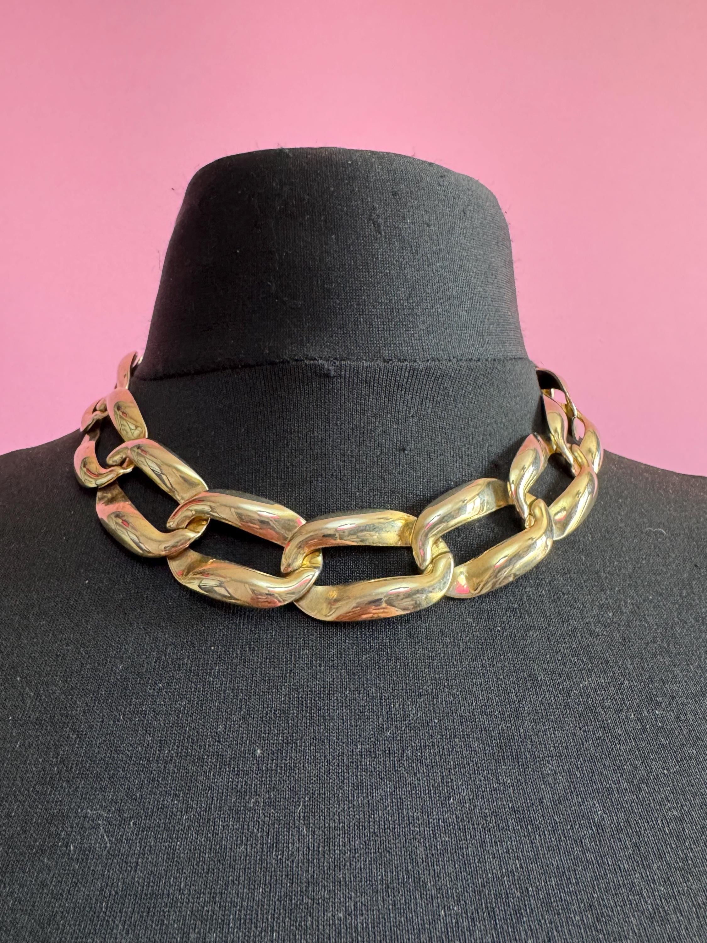 wide gold curb chain choker, chunky statement necklace 1980s