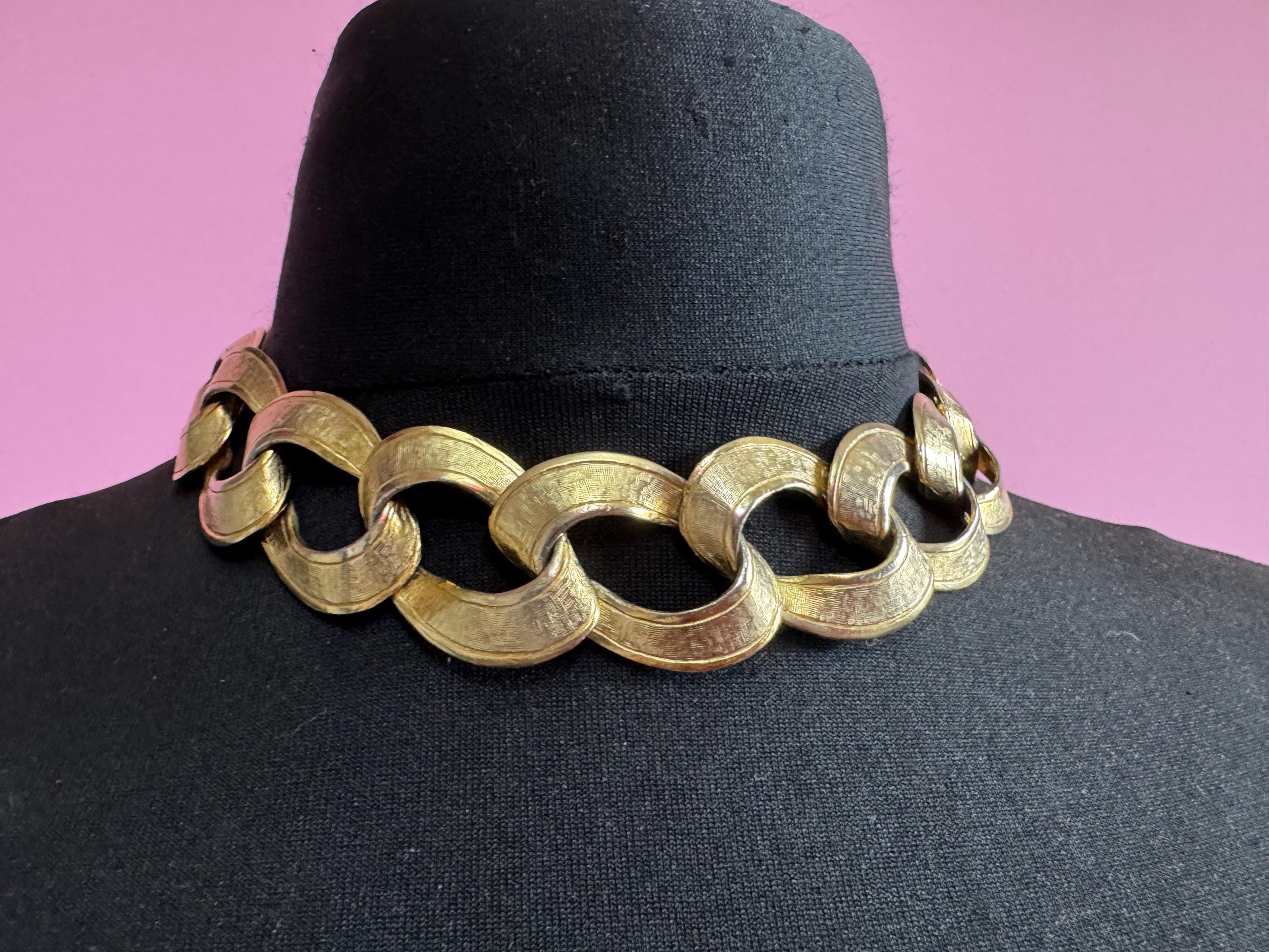 wide gold curb chain choker, chunky statement necklace 1980s