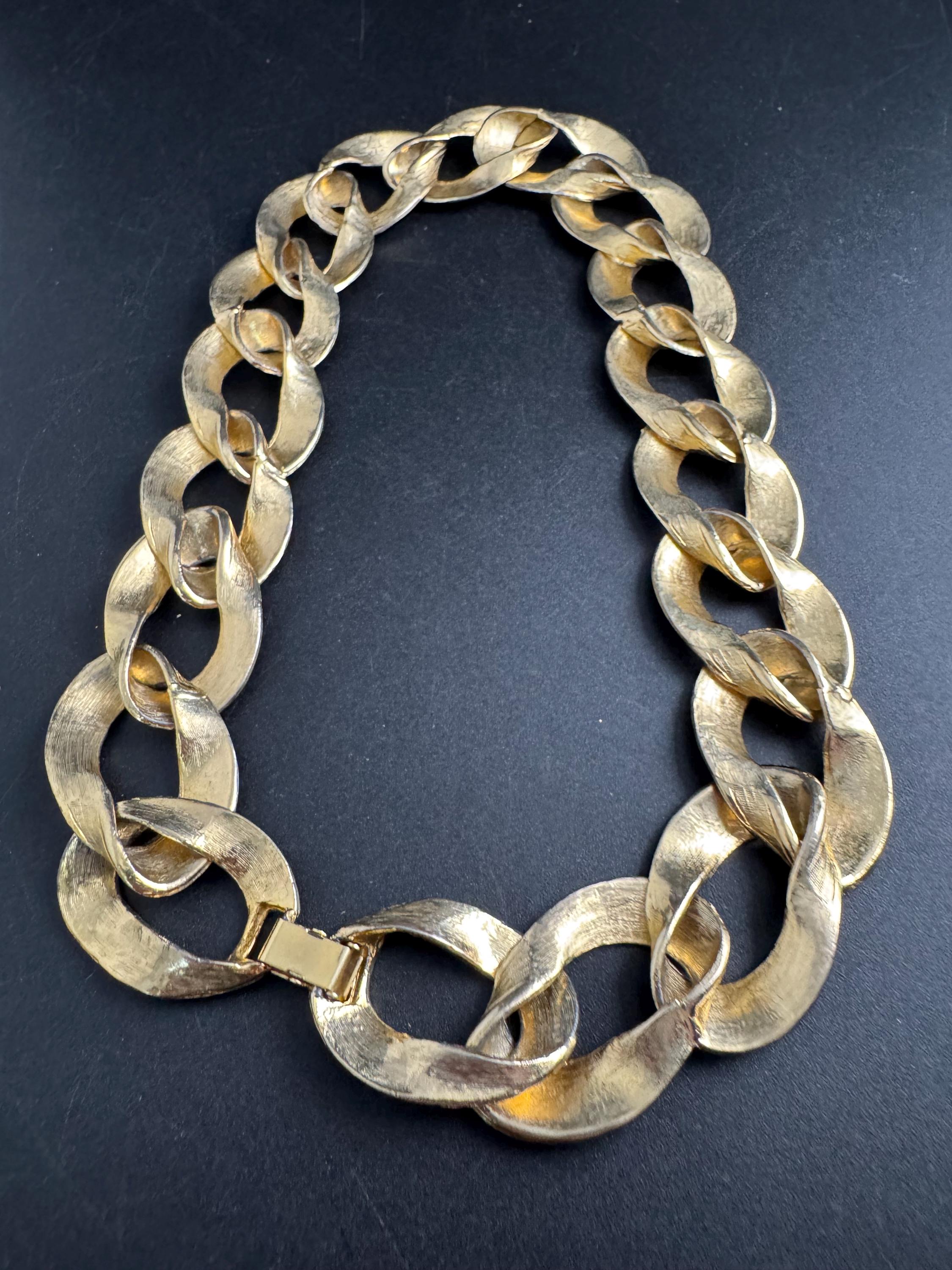 wide gold curb chain choker, chunky statement necklace 1980s