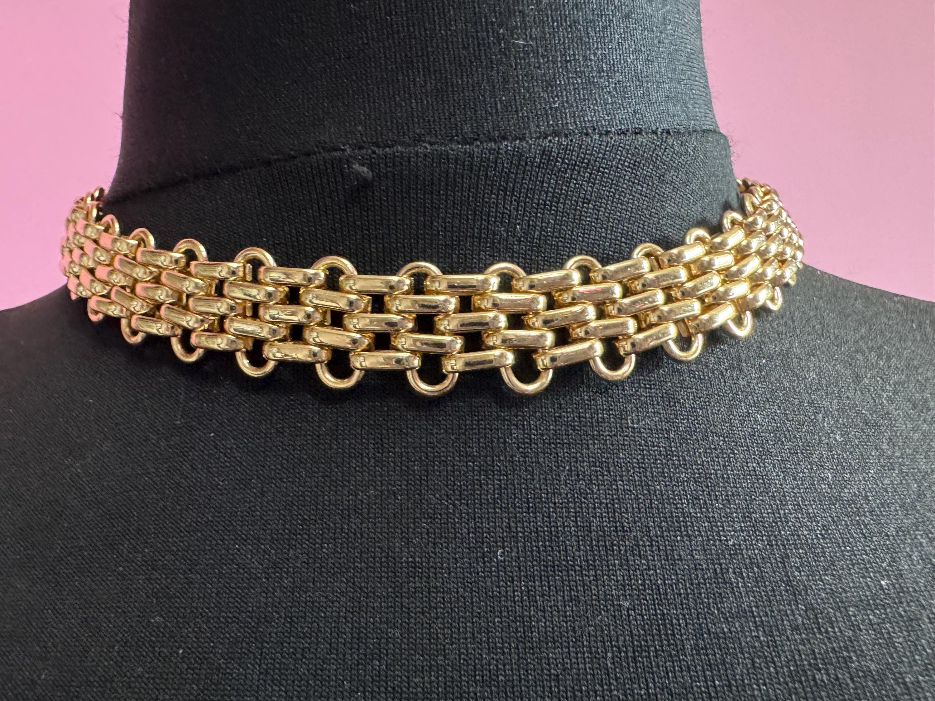 panther link wide gold choker necklace, brick link chain vintage 90s senorita clasp