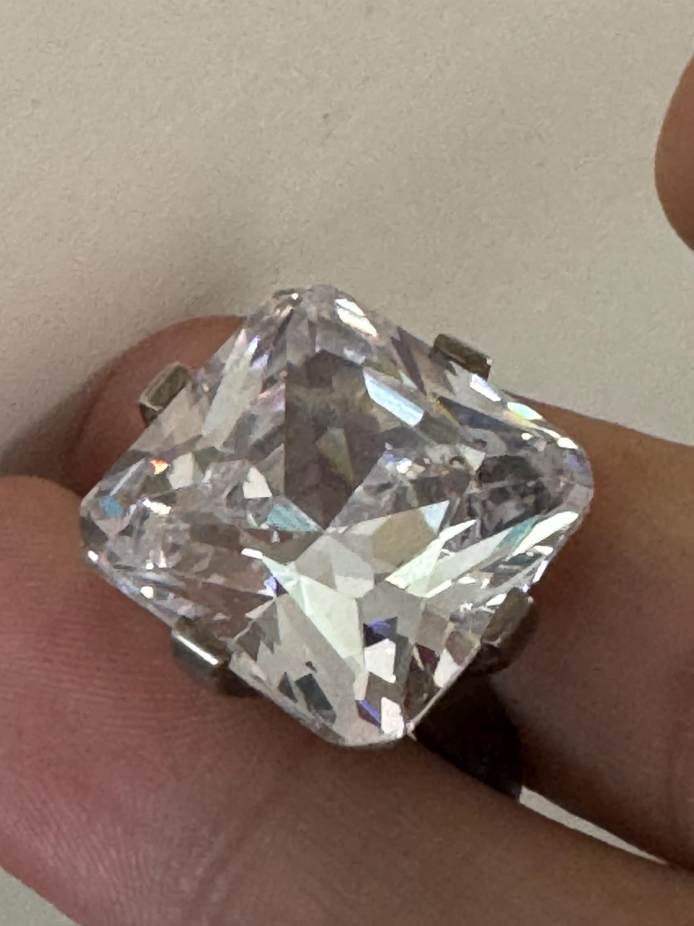 large clear stone cocktail ring,  size P.5 modernist 925 sterling silver, signed PK