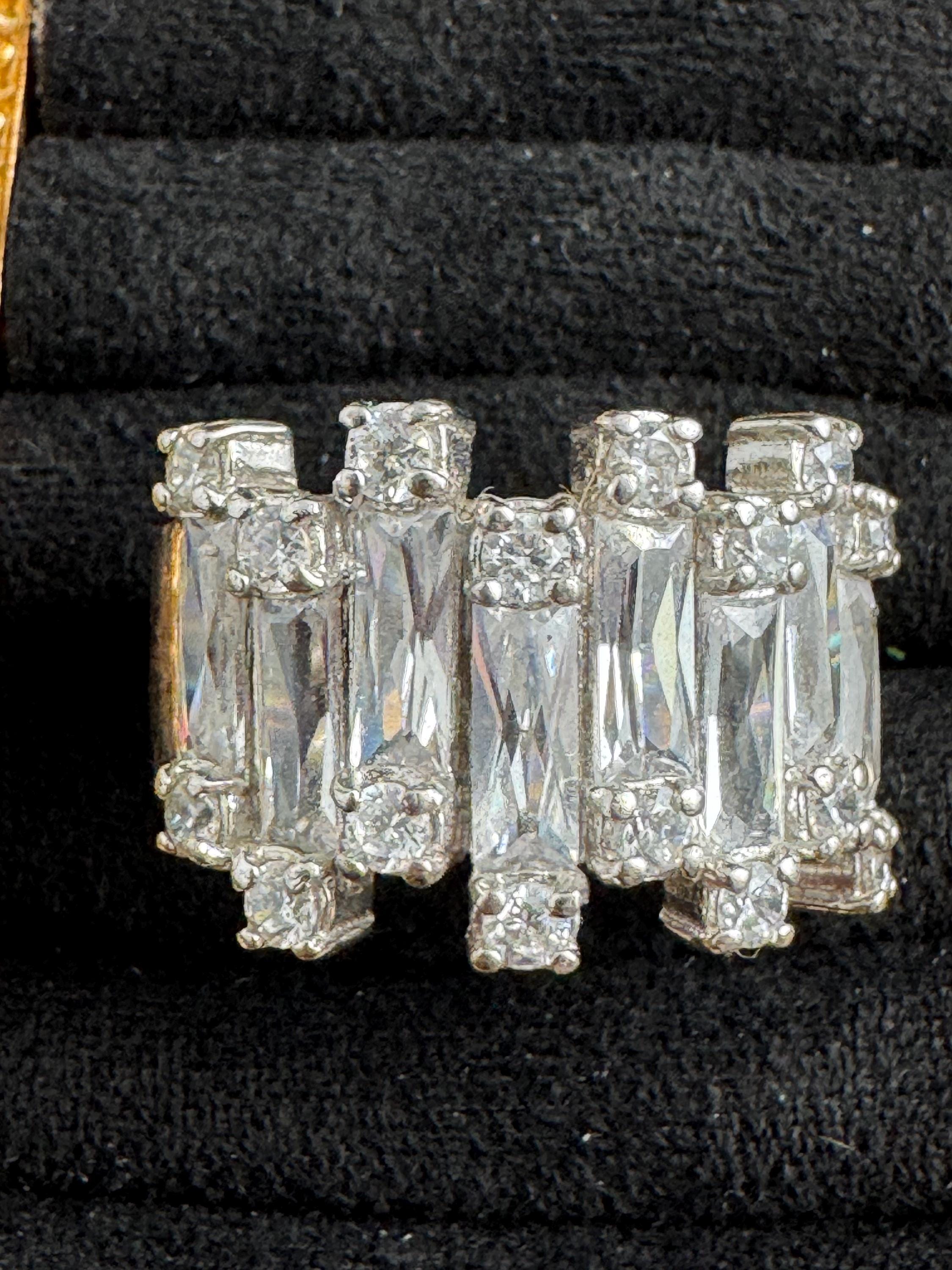Baguette crystal cocktail ring,  size S.5 modernist 925 sterling silver, signed PK Cz