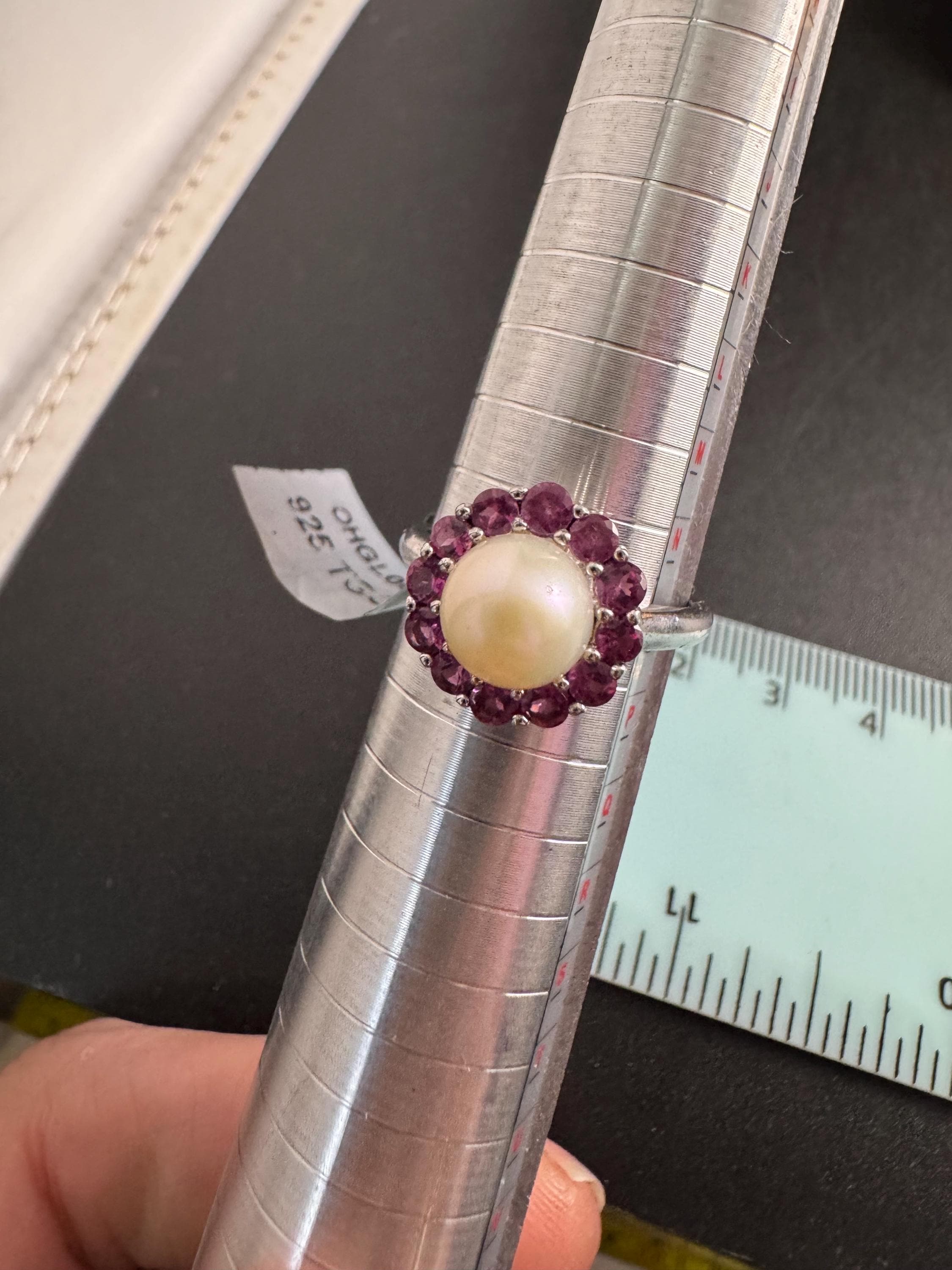 925 silver and pearl dress ring, TGGC size N.5, pink gemstones