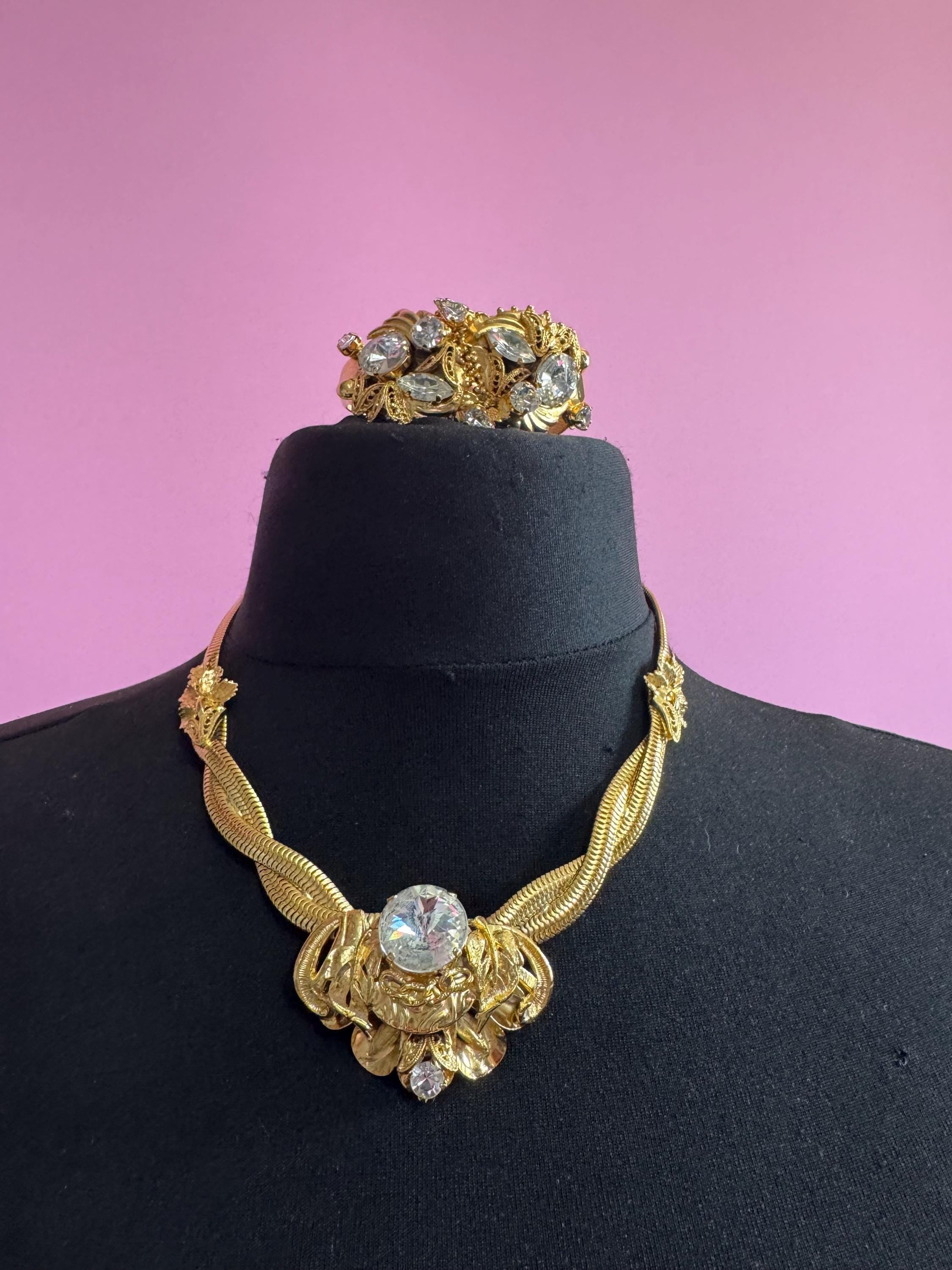 Rhinestone omega jewellery set, matching necklace and clamper bangle vintage Rivoli crystal