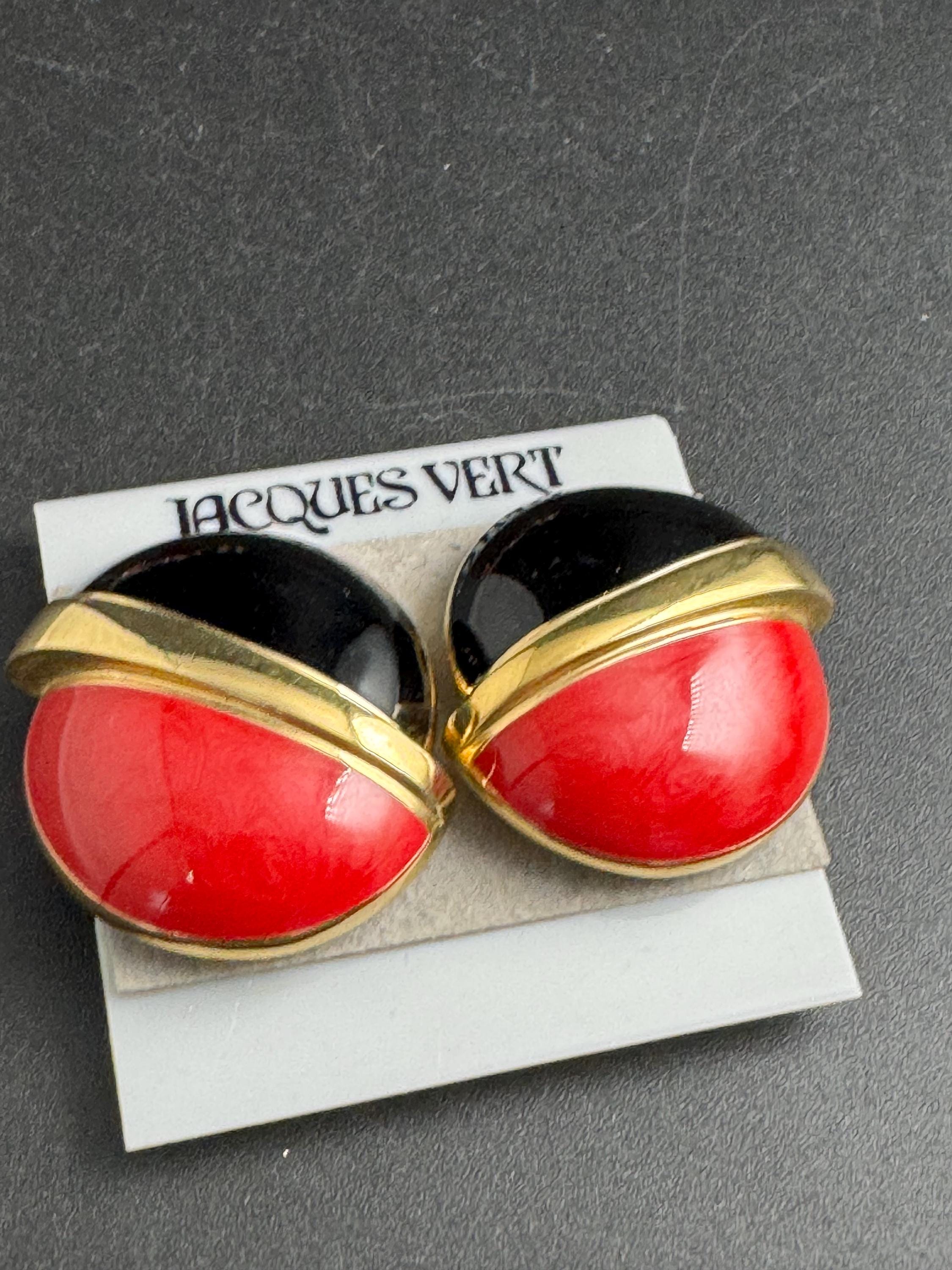 Red black Enamel Clip On Earrings: jaques vert vintage gold plated
