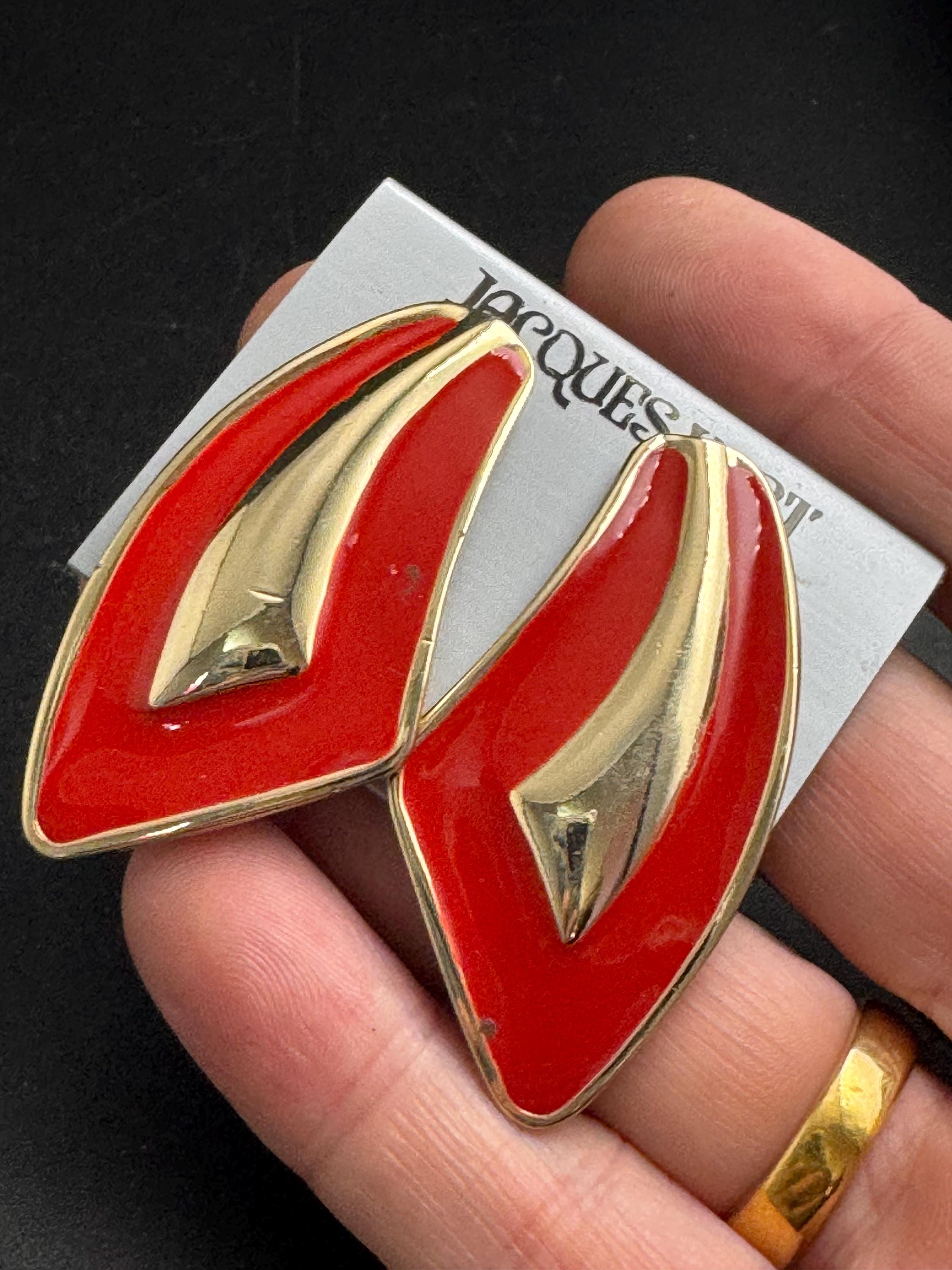 Red Enamel Clip On Earrings: jaques vert vintage gold plated