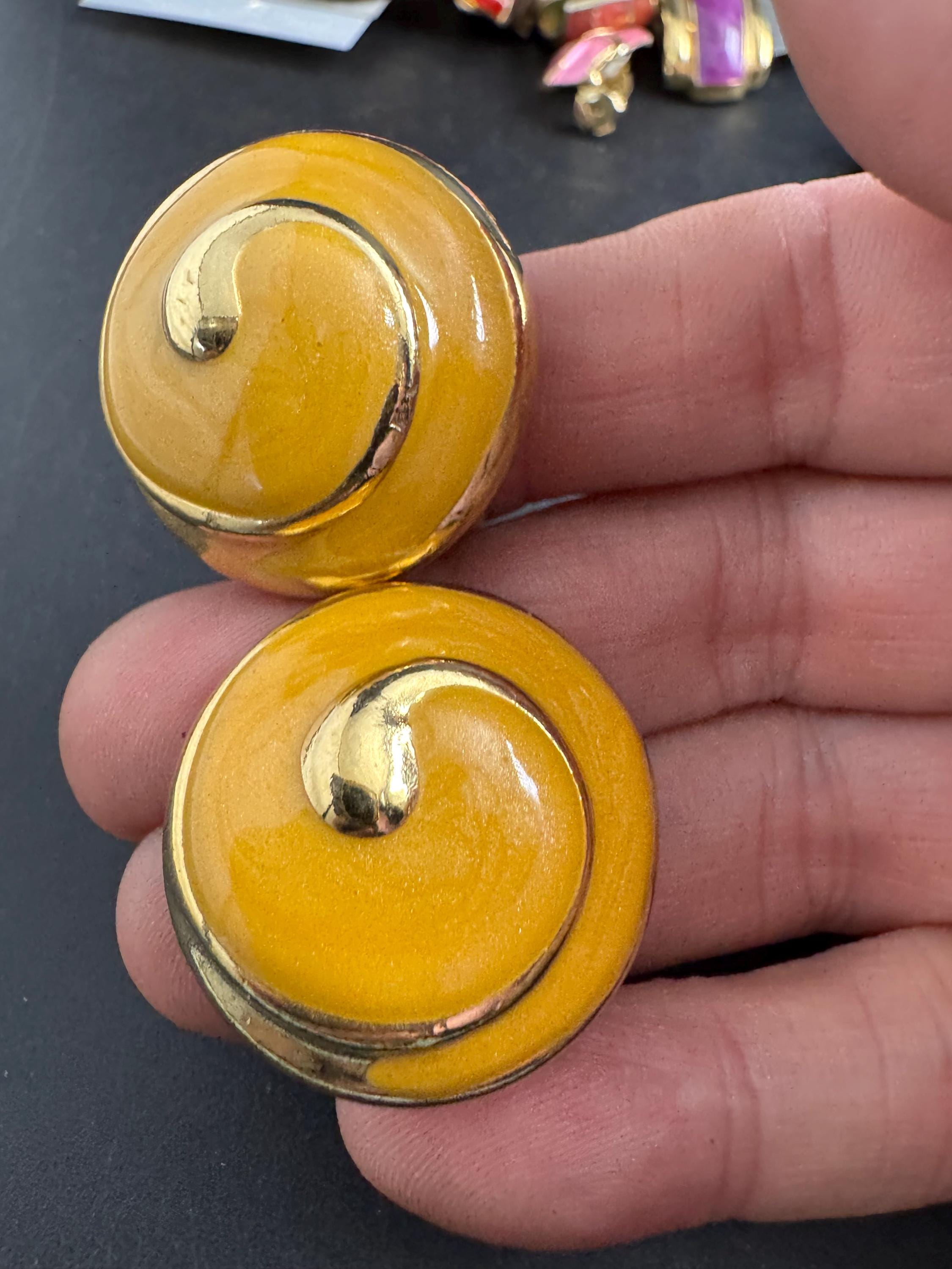 Yellow Enamel Clip On Earrings: jaques vert vintage gold plated
