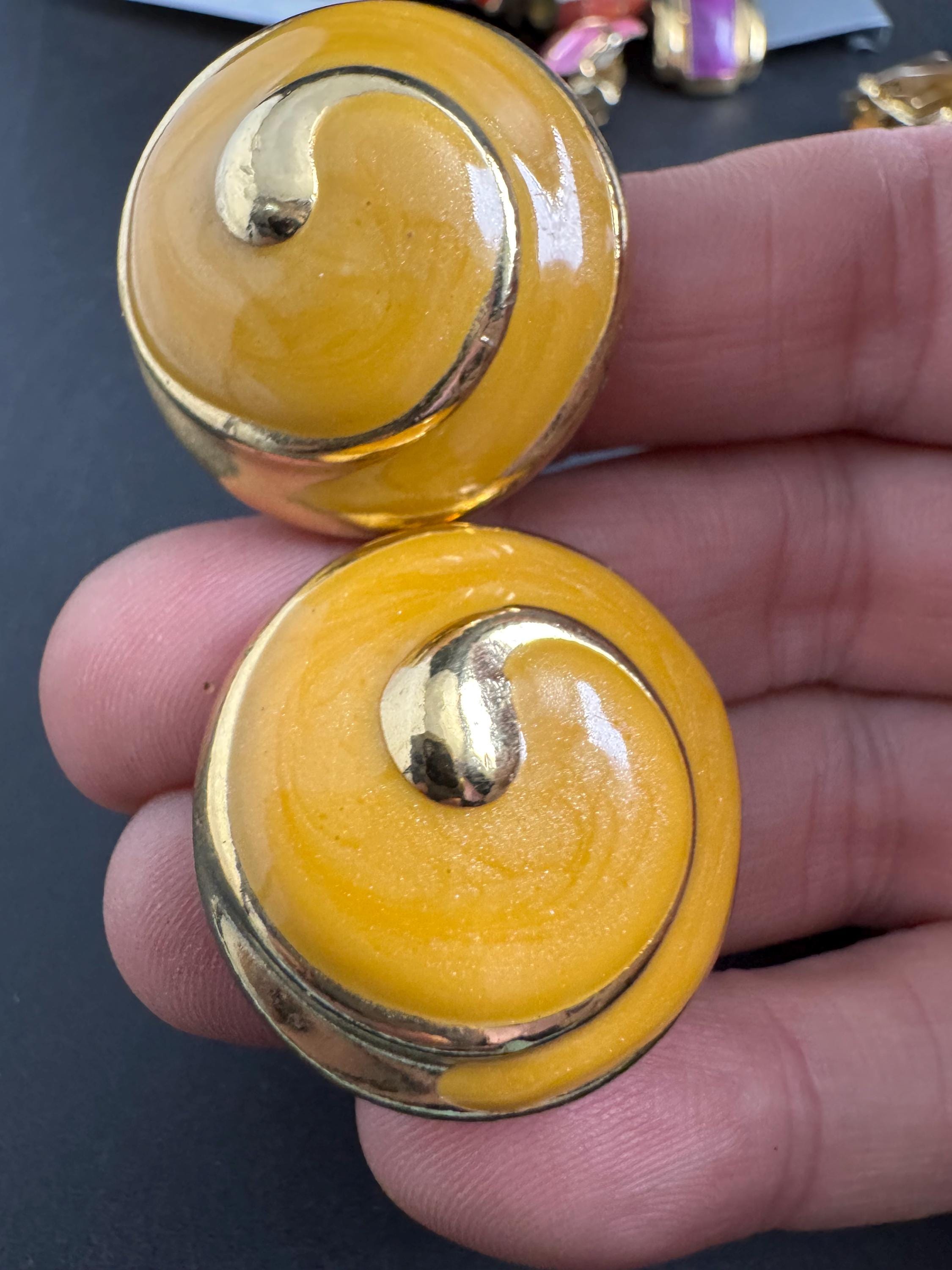 Yellow Enamel Clip On Earrings: jaques vert vintage gold plated
