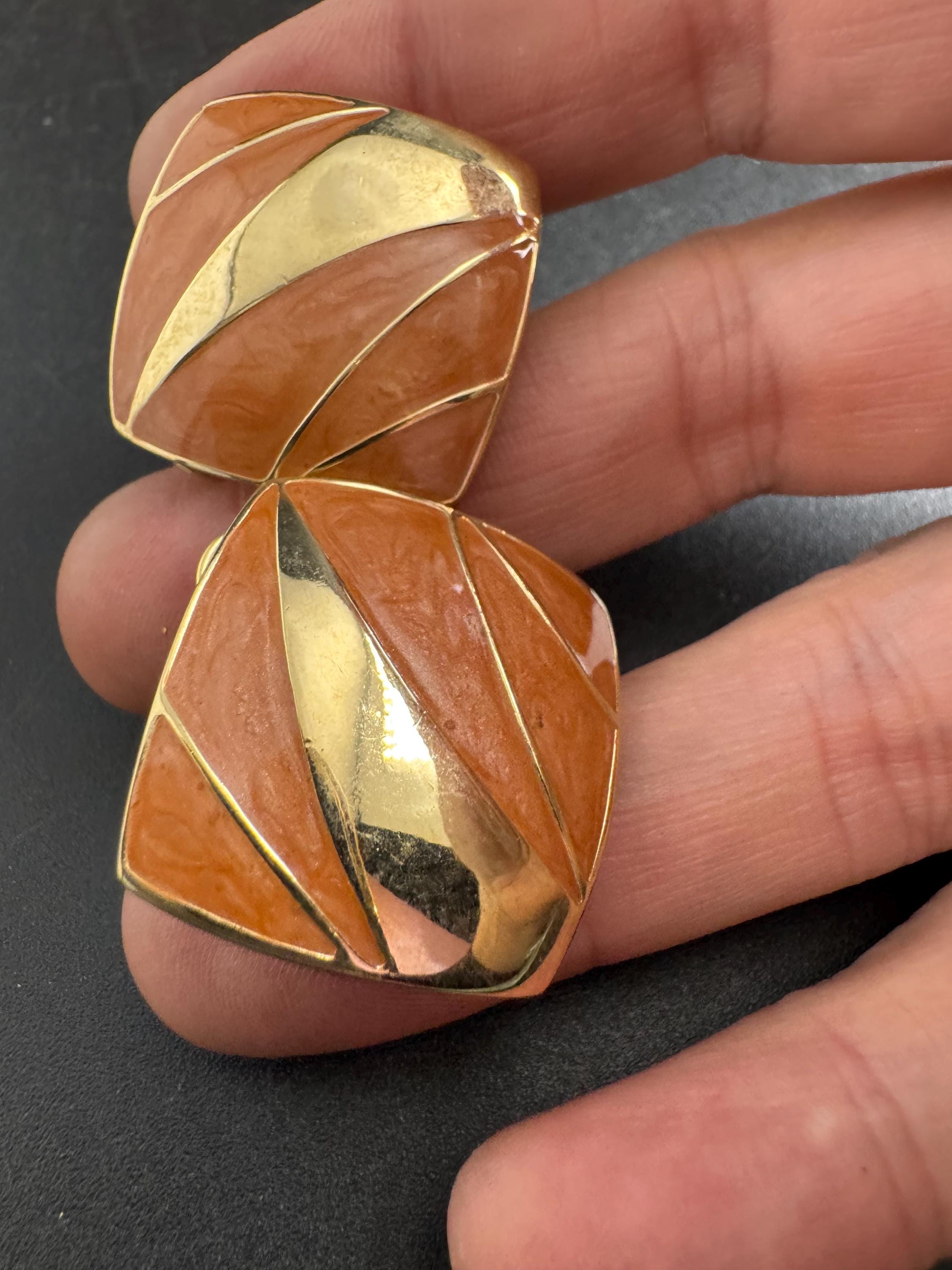 Beige brown Enamel Clip On Earrings: jaques vert vintage gold plated