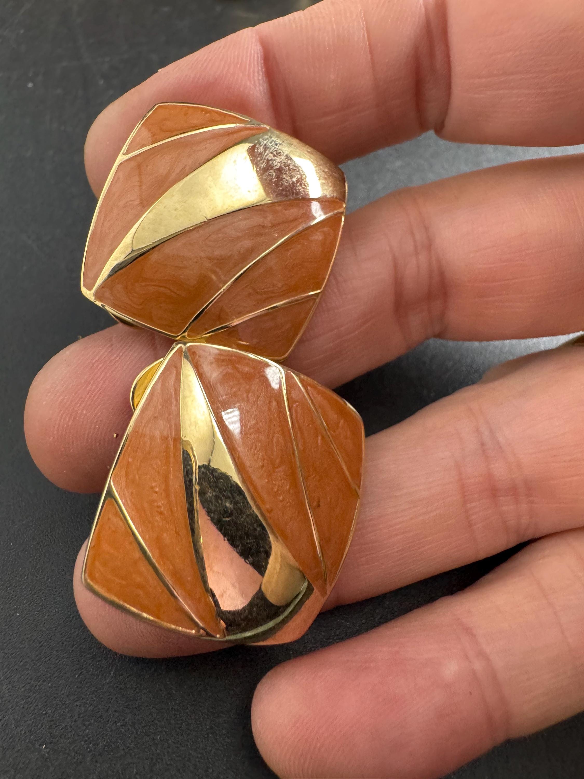 Beige brown Enamel Clip On Earrings: jaques vert vintage gold plated