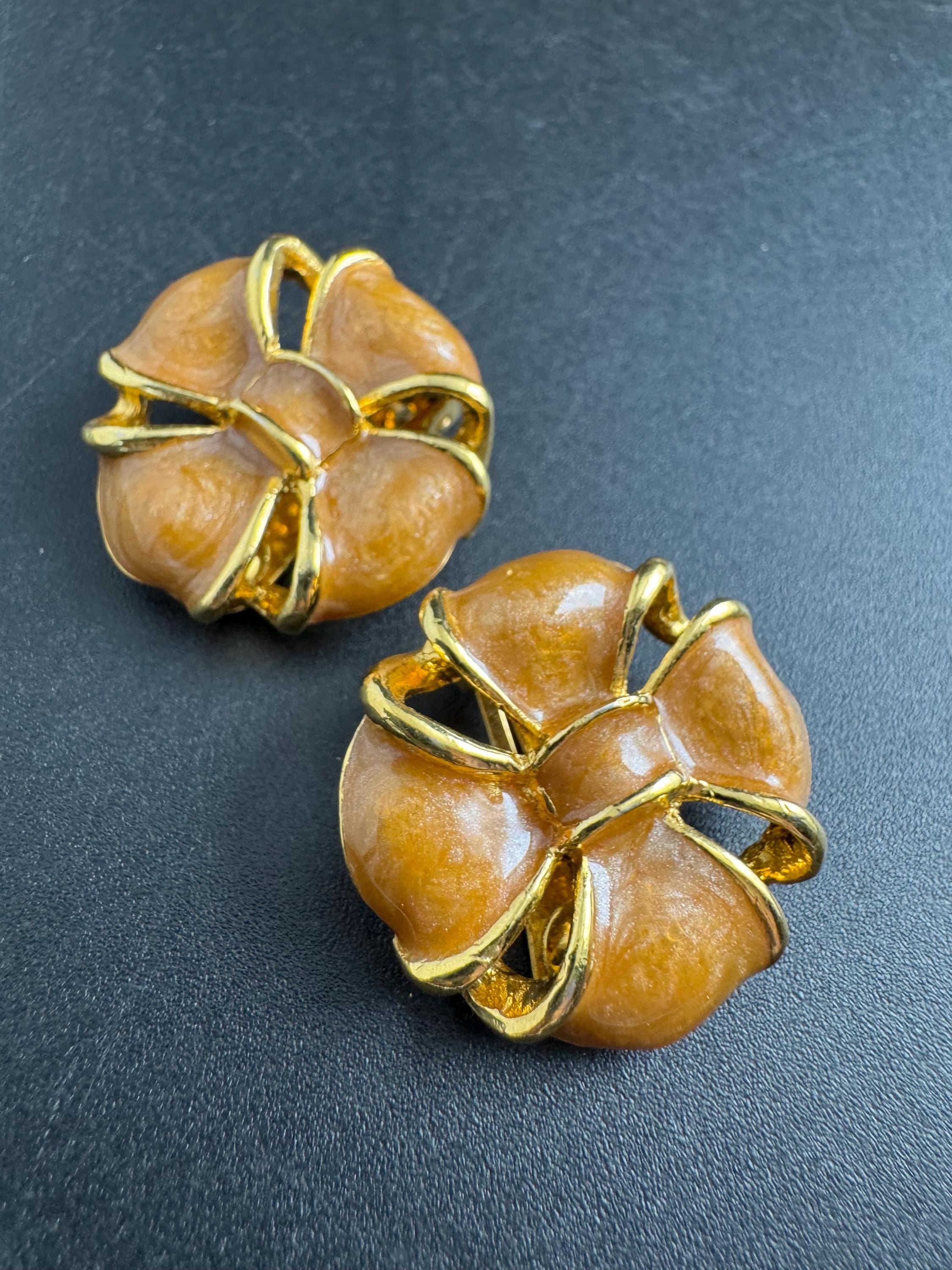 brown Enamel Clip On Earrings: jaques vert vintage gold plated