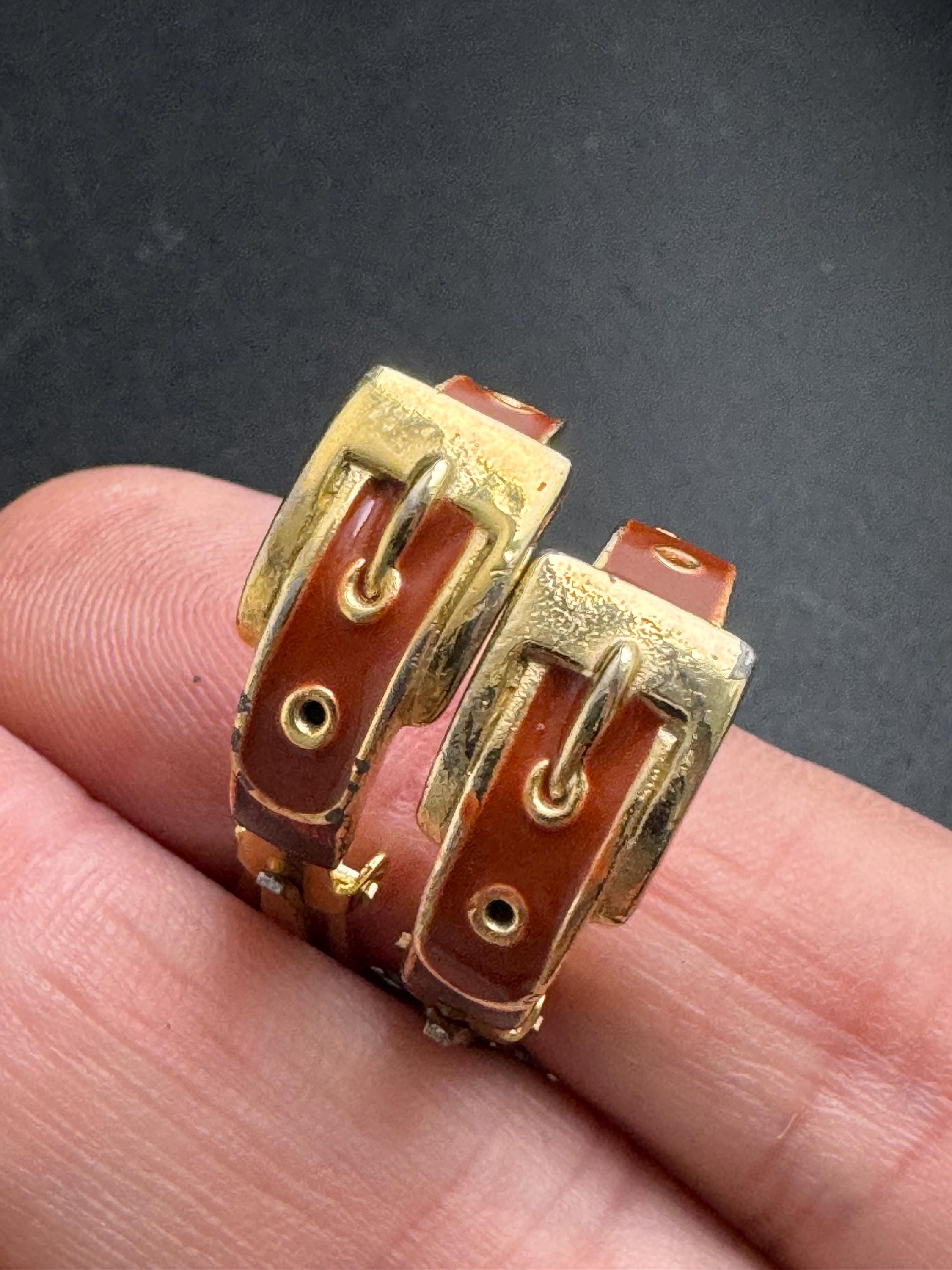 brown Enamel Clip On Earrings: half belt buckle hoop vintage gold tone