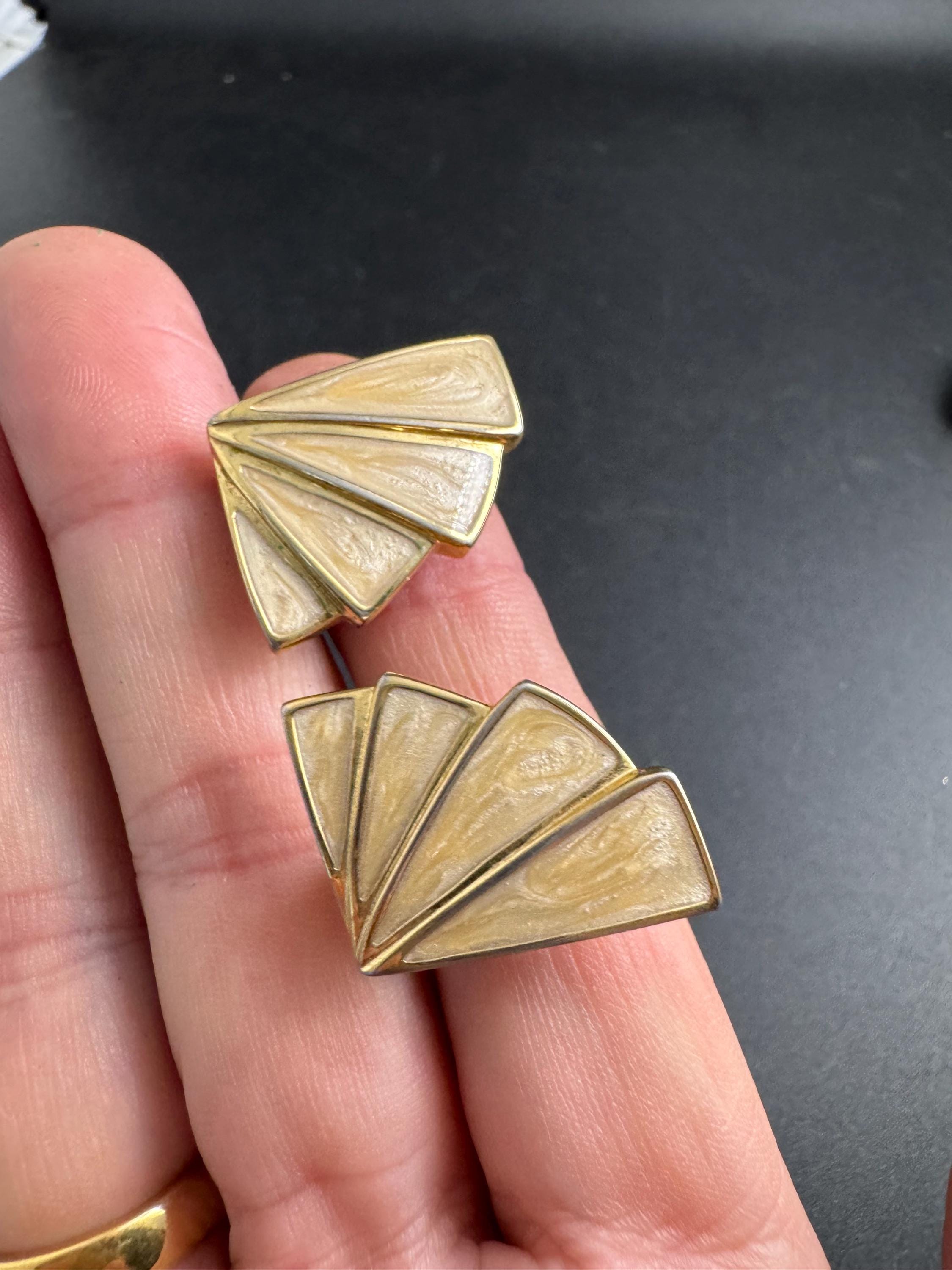 Beige cream Enamel Clip On Earrings: vintage gold plated