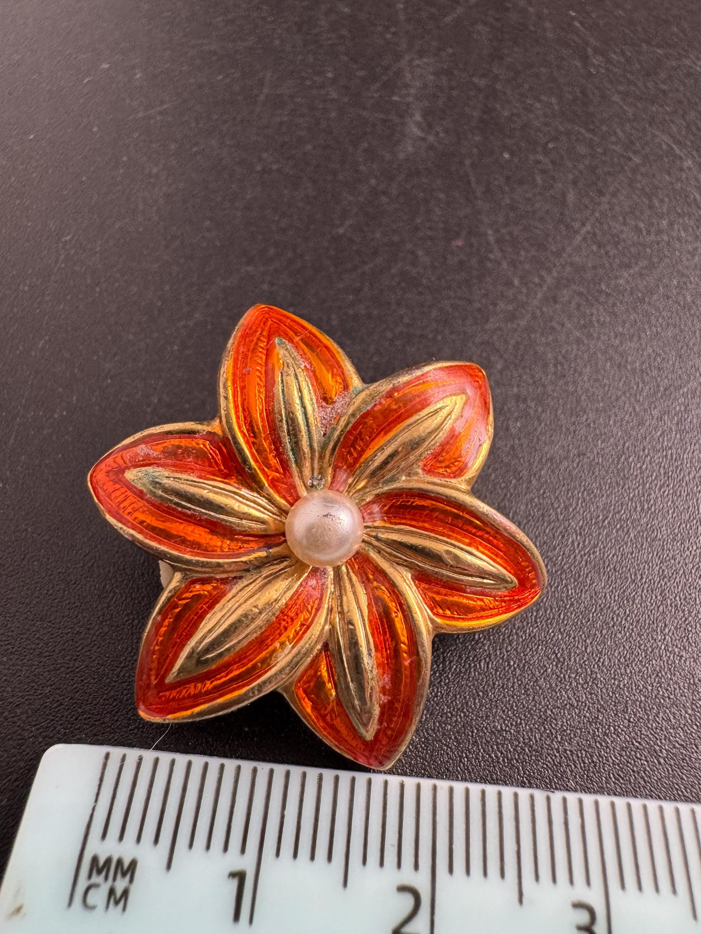 Orange flower Enamel Clip On Earrings: jaques vert vintage gold plated faux pearl