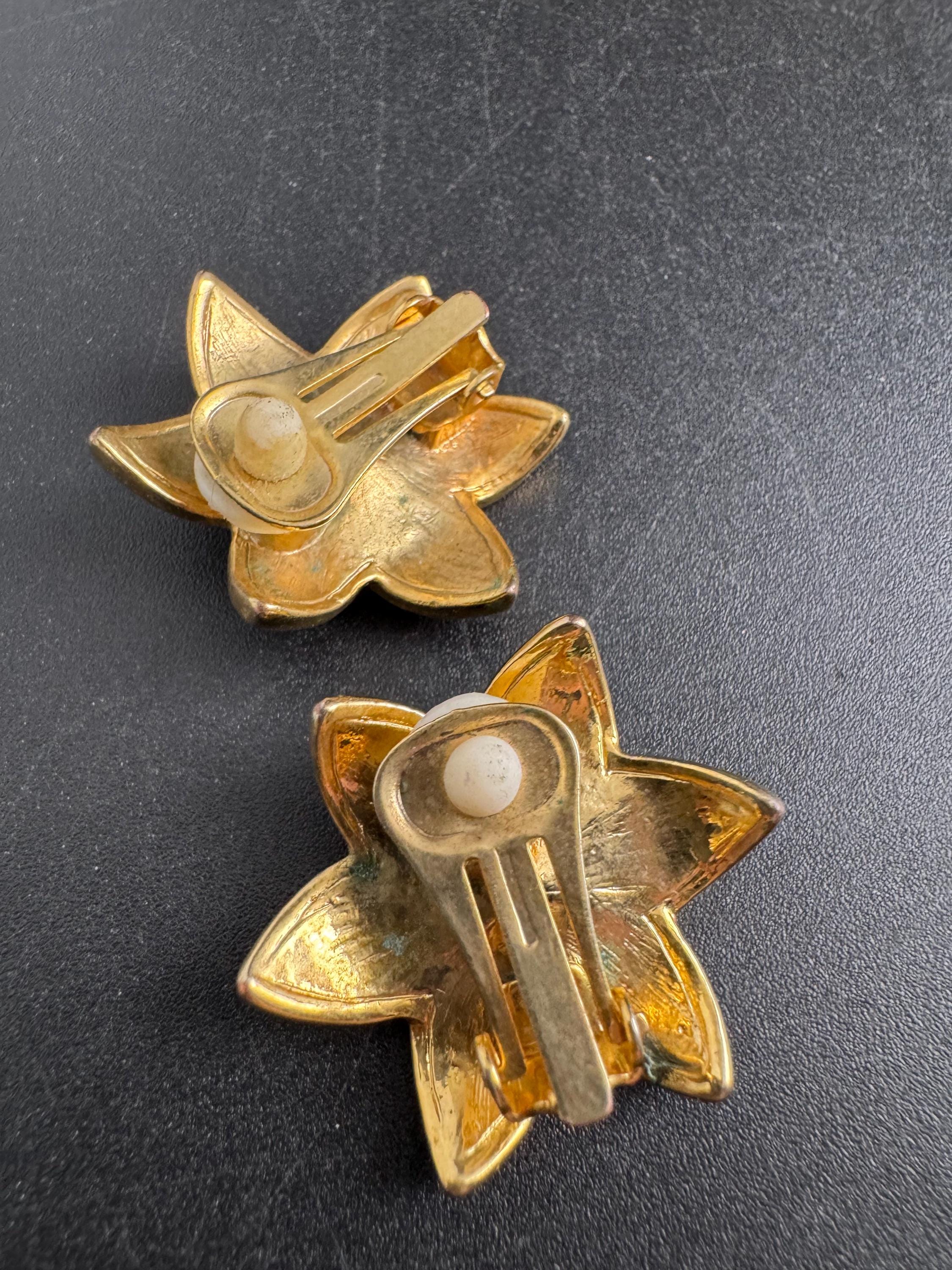 Orange flower Enamel Clip On Earrings: jaques vert vintage gold plated faux pearl