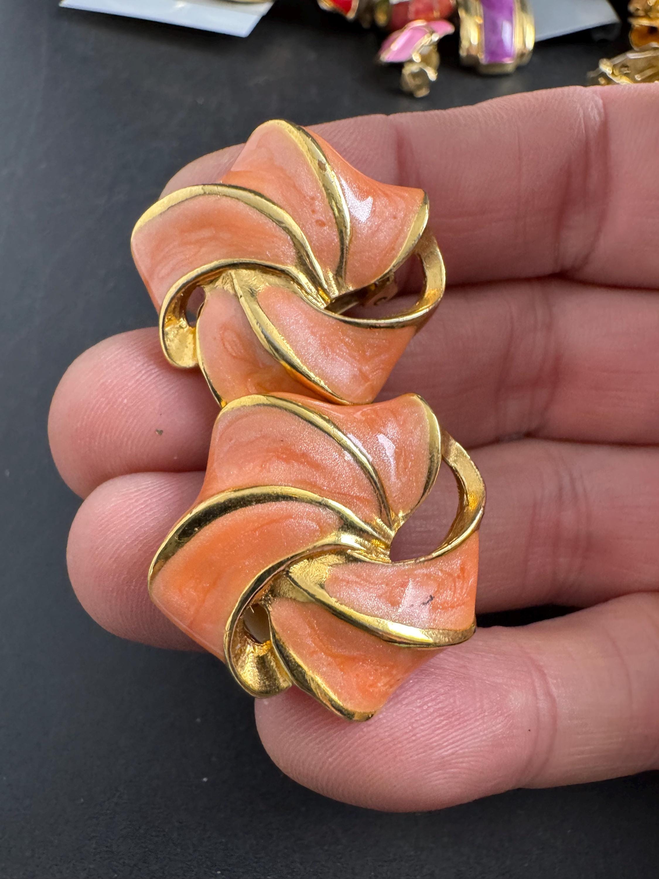 Jaques Vert Gold pink Enamel Clip On Earrings: Salmon Vintage Style