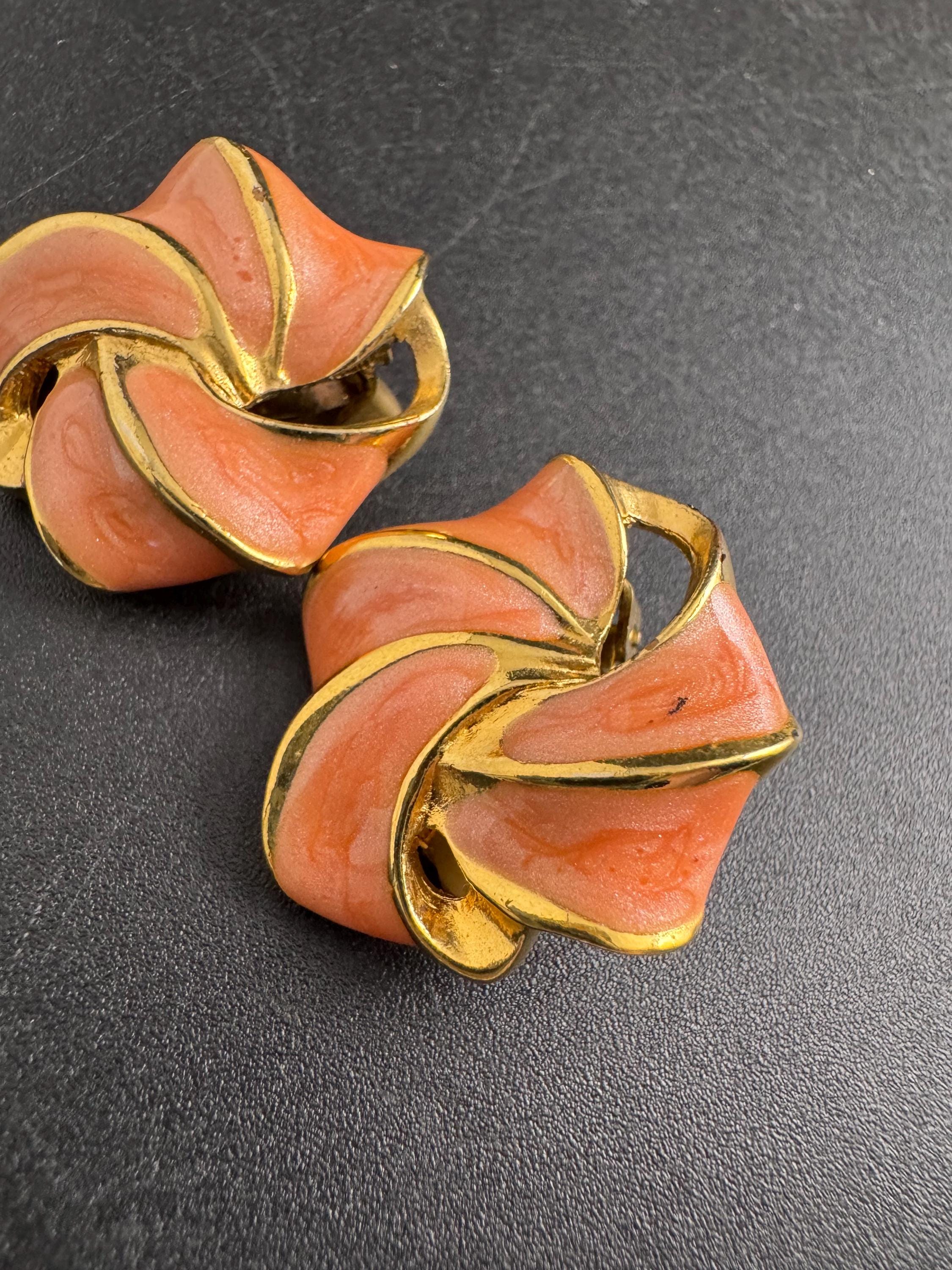 Jaques Vert Gold pink Enamel Clip On Earrings: Salmon Vintage Style