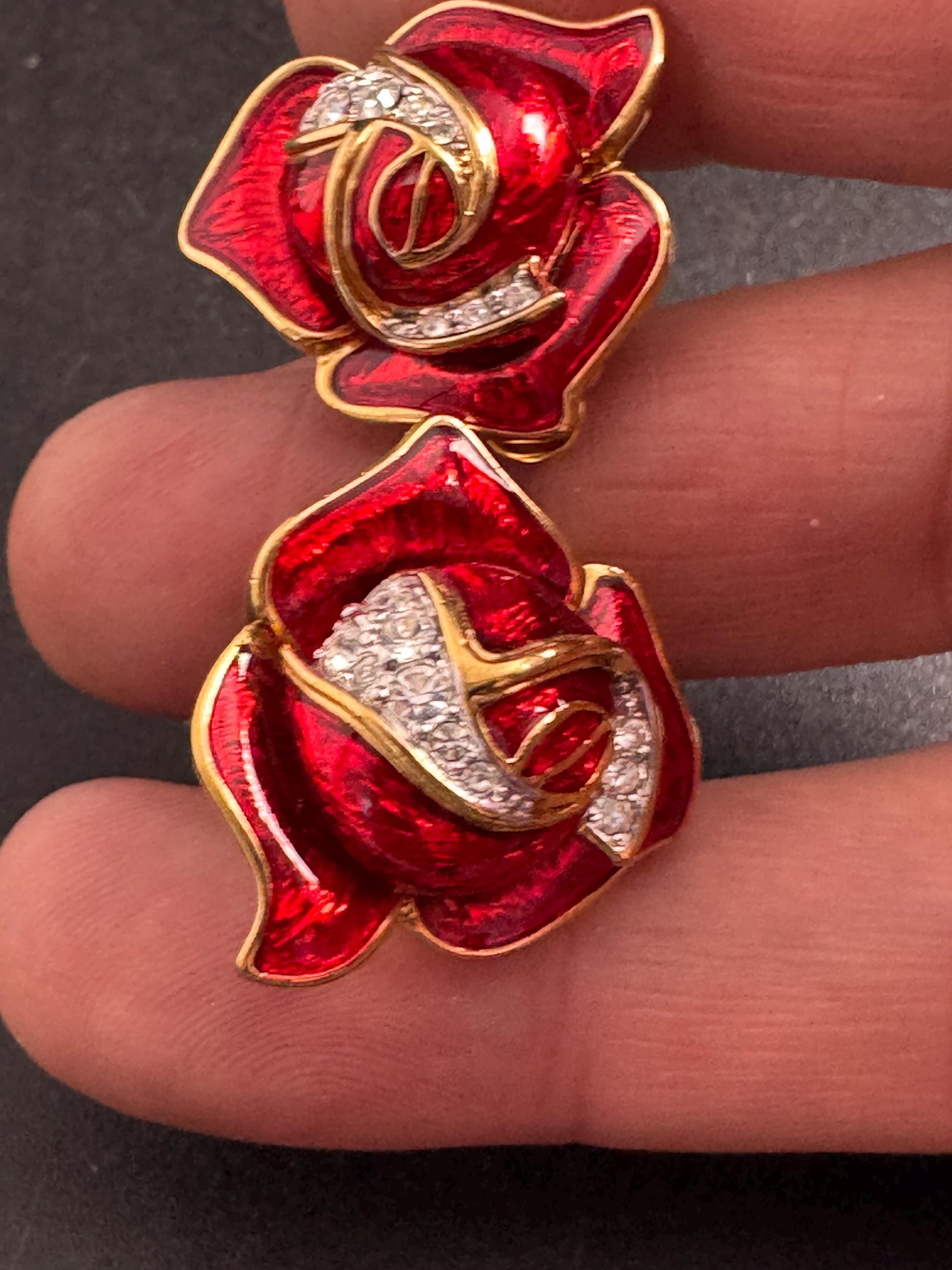 Red rose Enamel Clip On Earrings: diamante vintage gold plated