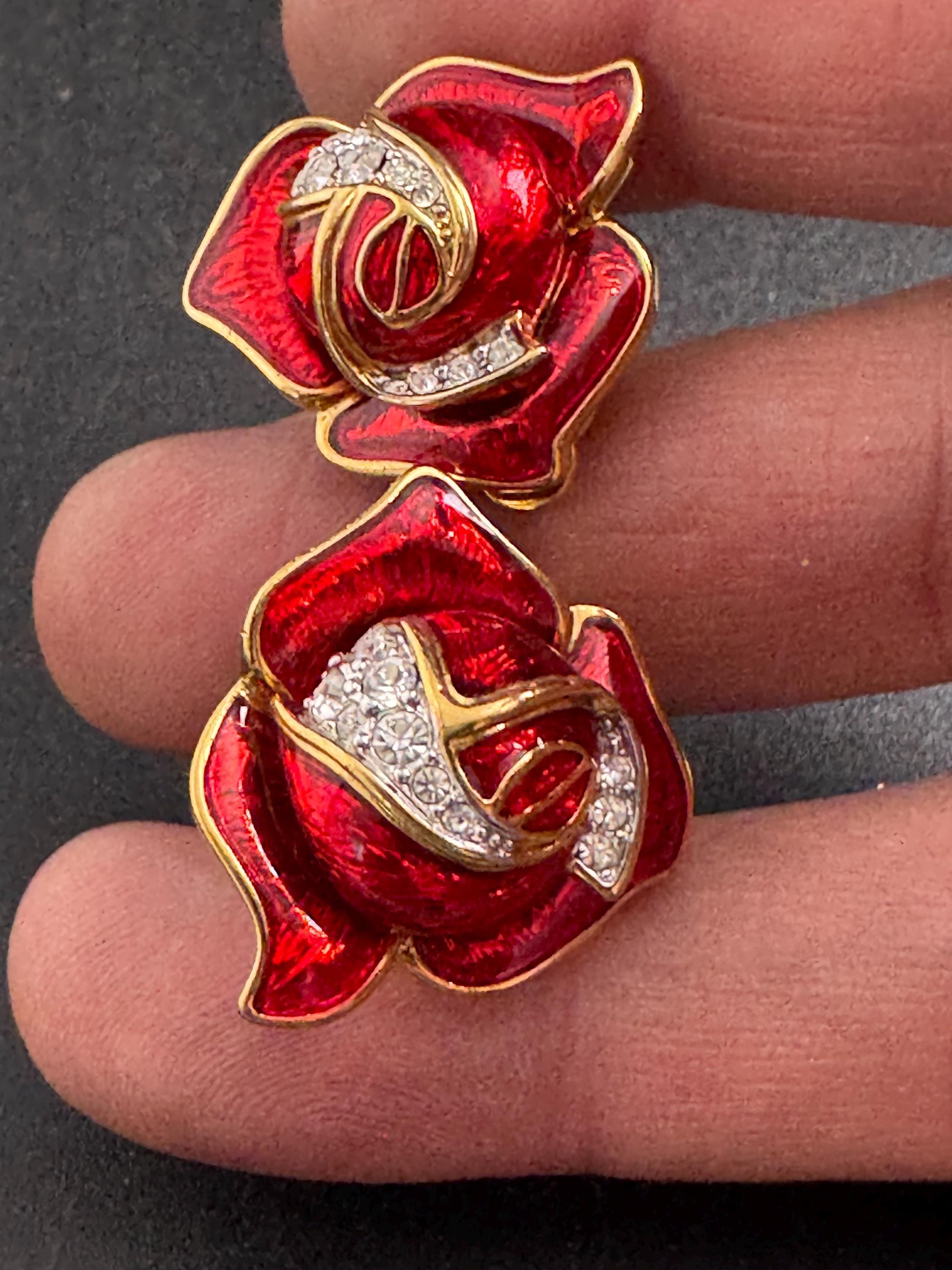 Red rose Enamel Clip On Earrings: diamante vintage gold plated