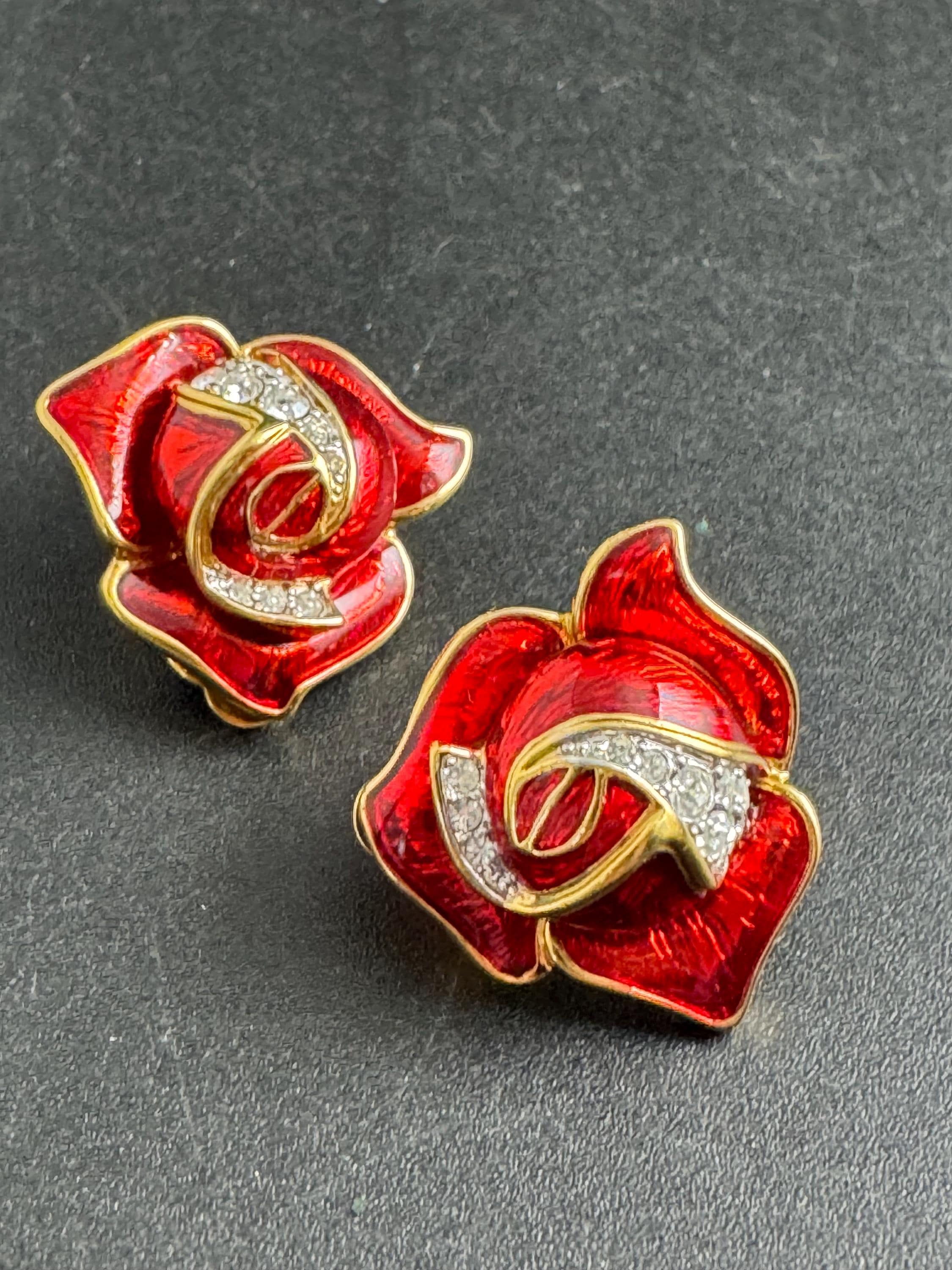 Red rose Enamel Clip On Earrings: diamante vintage gold plated