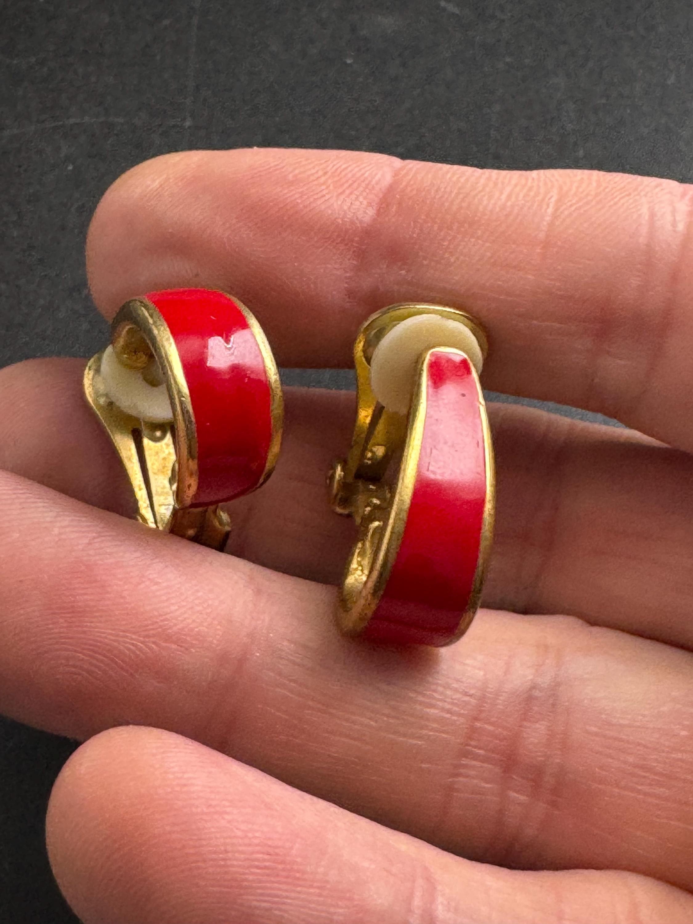 Red Enamel Half Hoop Earrings, clip on vintage