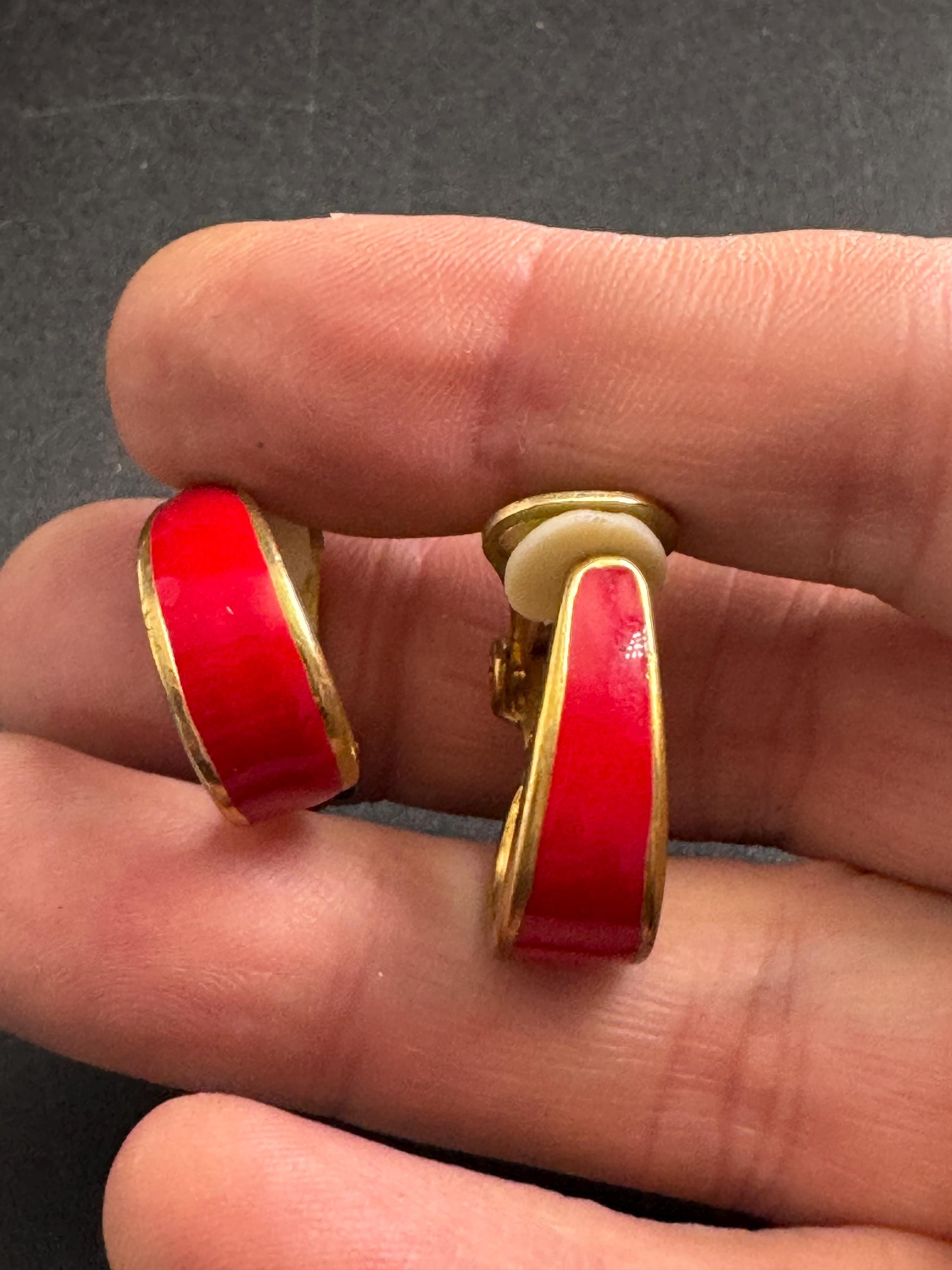Red Enamel Half Hoop Earrings, clip on vintage