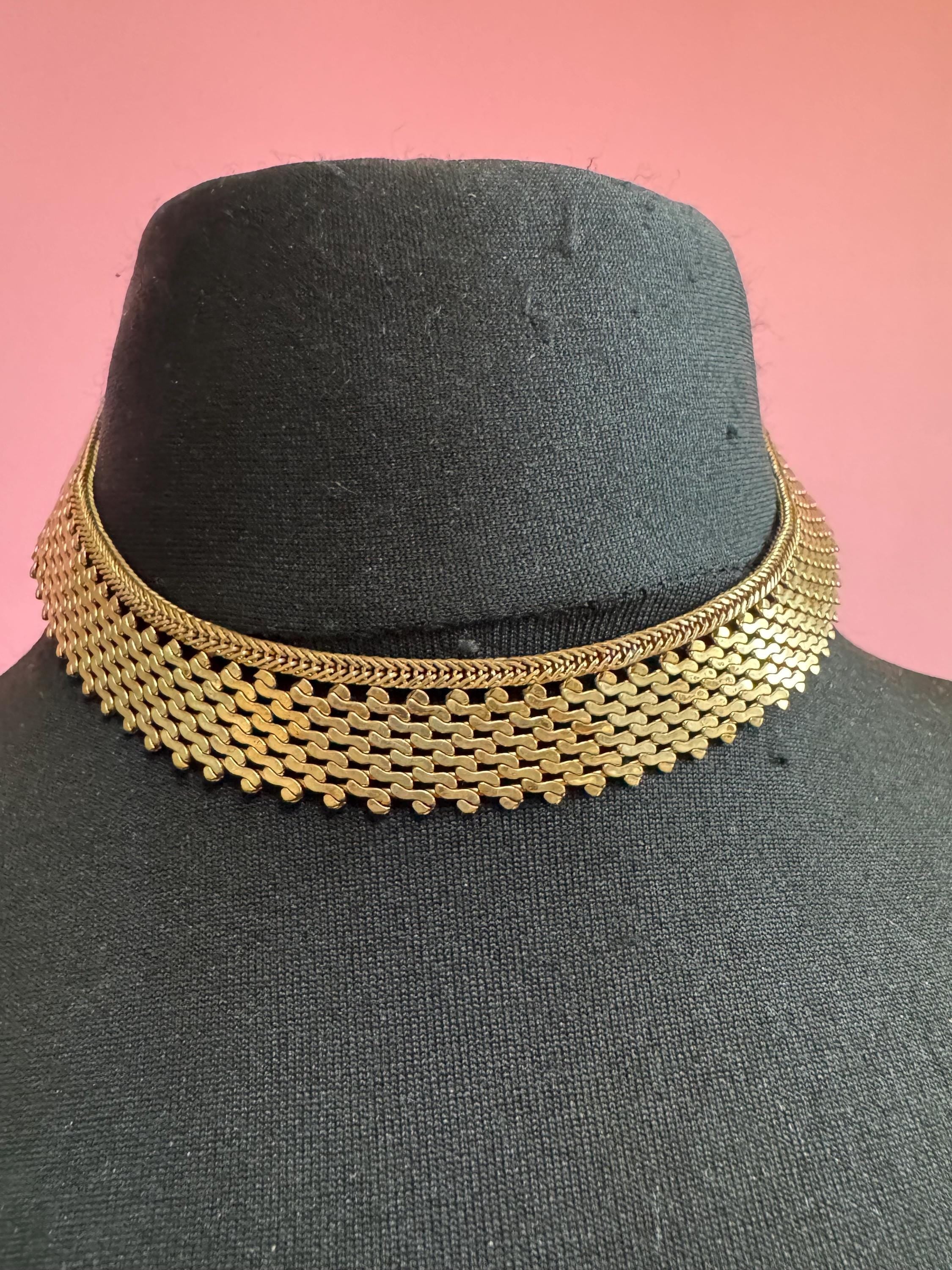 Wide gold mesh choker, vintage necklace 1970s