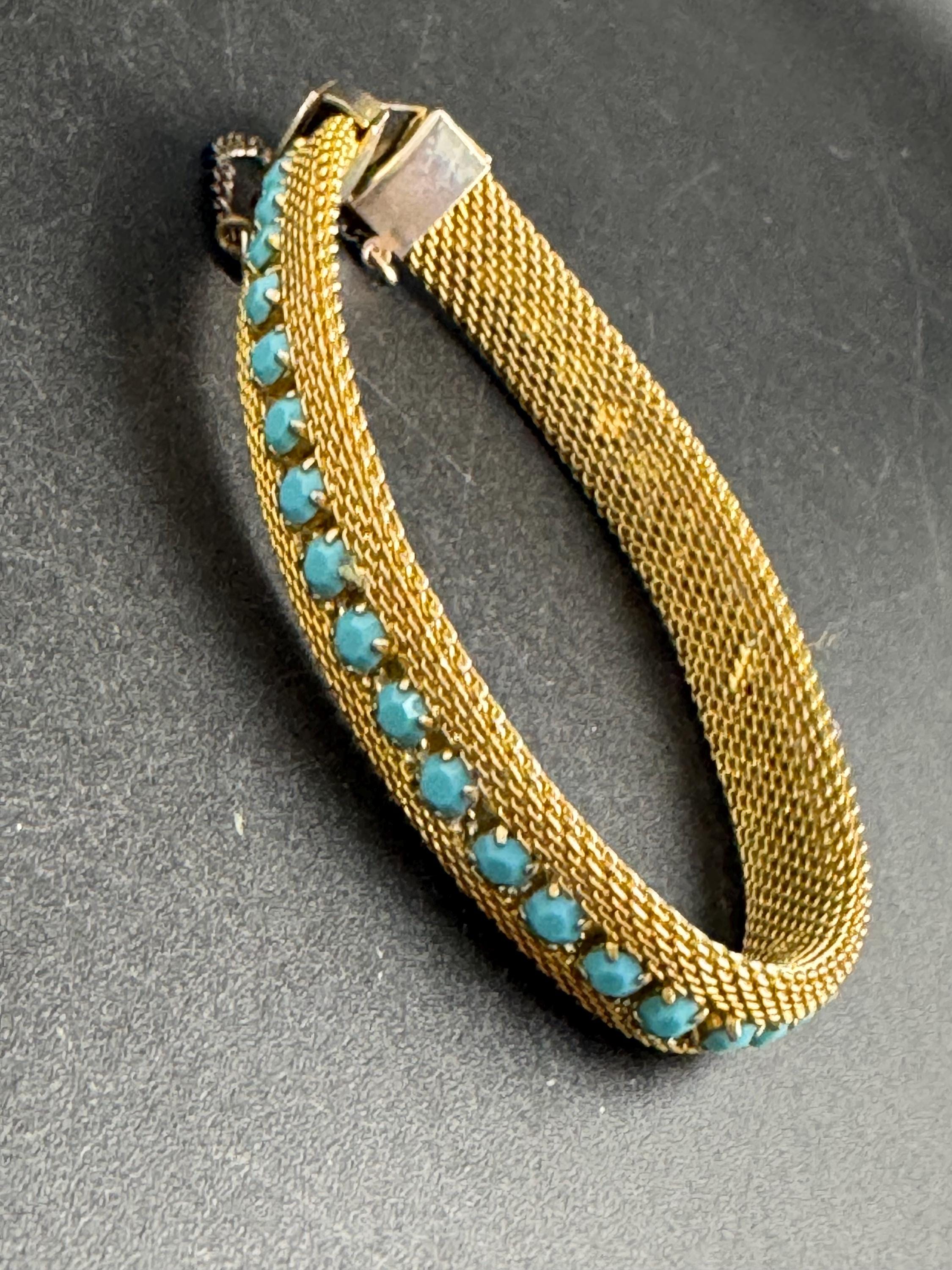 Gold mesh turquoise rhinestone bracelet, 1960s blue rhinestones