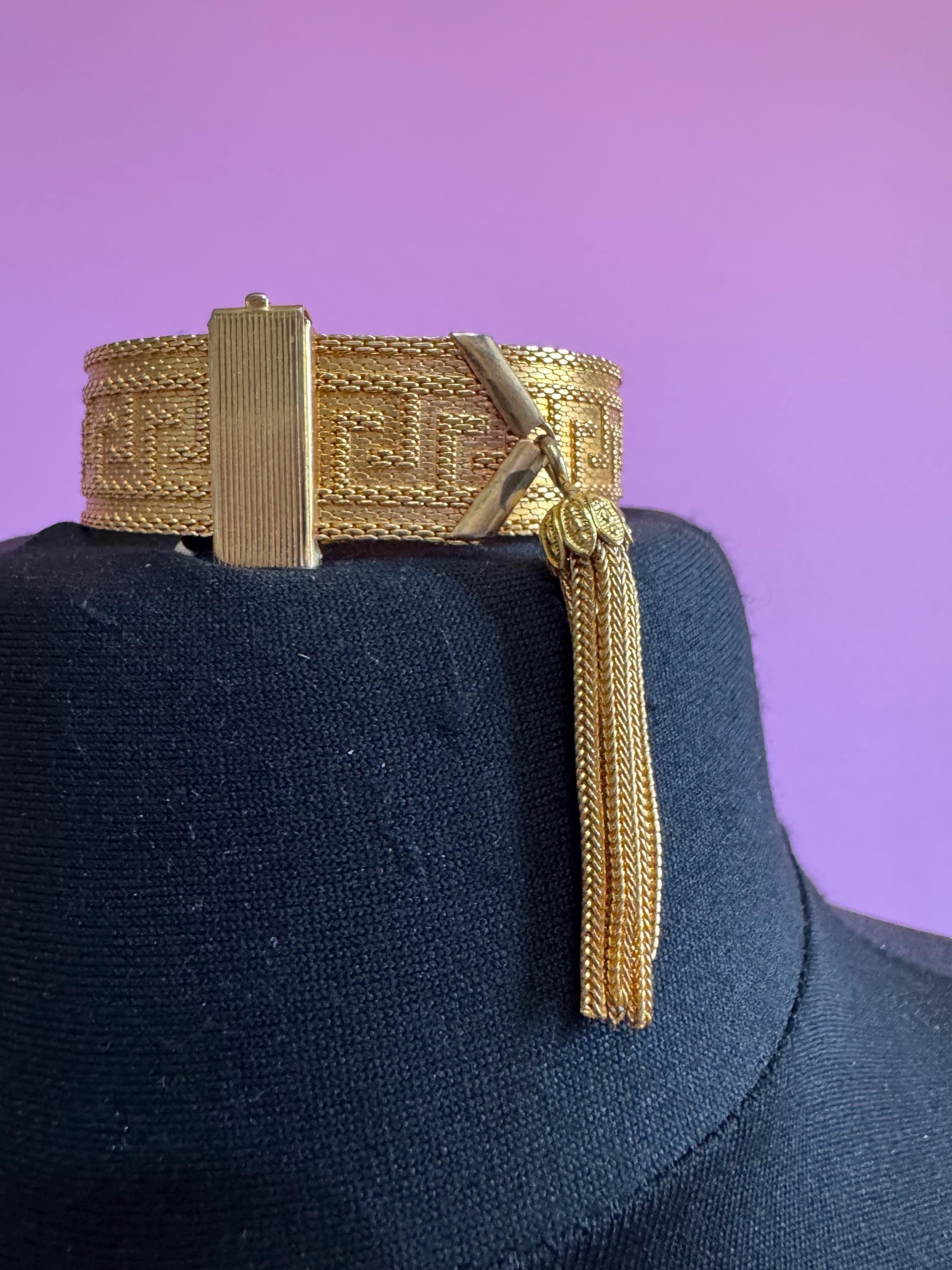 GREEK KEY gold mesh tassel bracelet, vintage 1970s