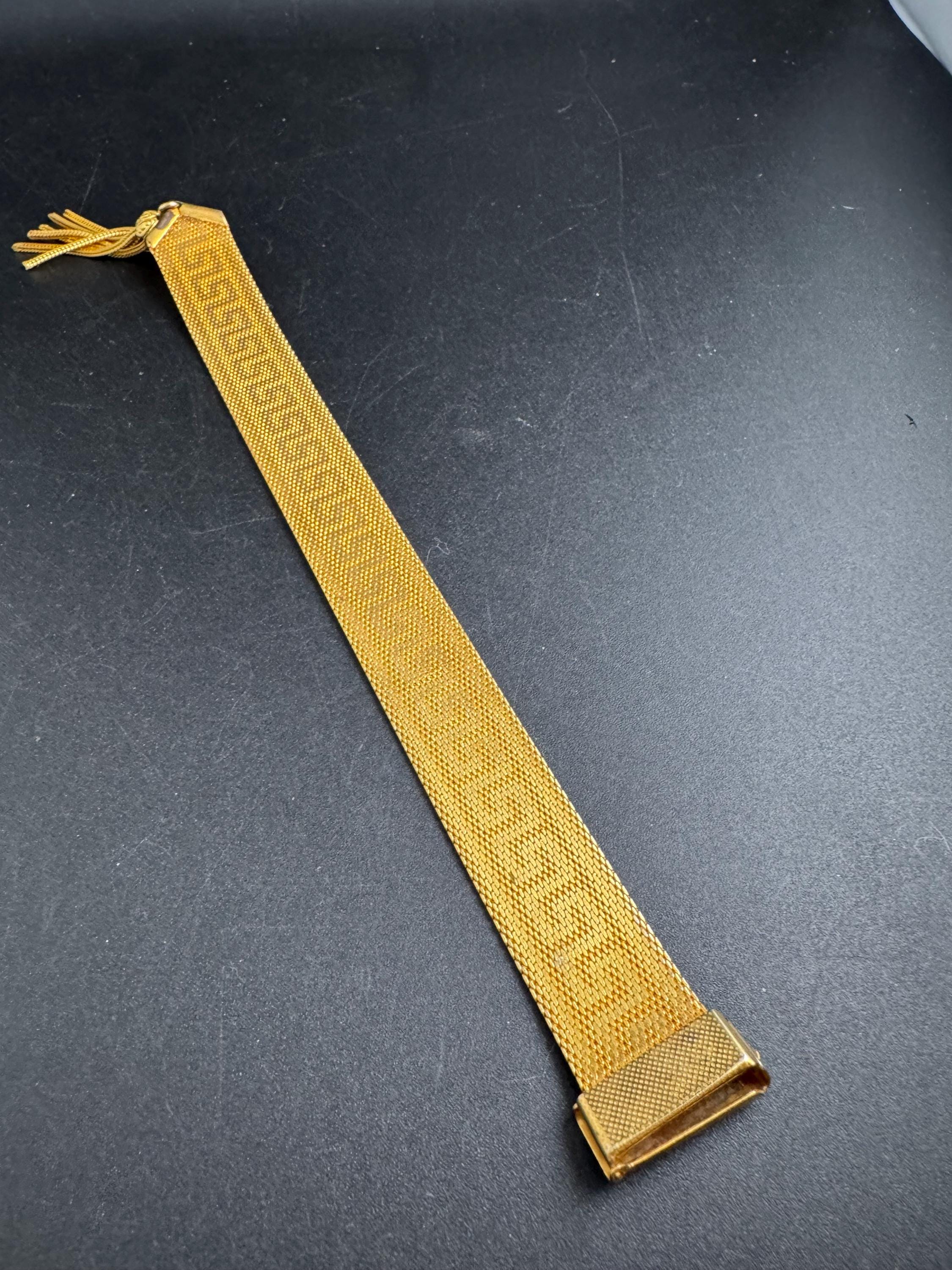 GREEK KEY gold mesh tassel bracelet, vintage 1970s