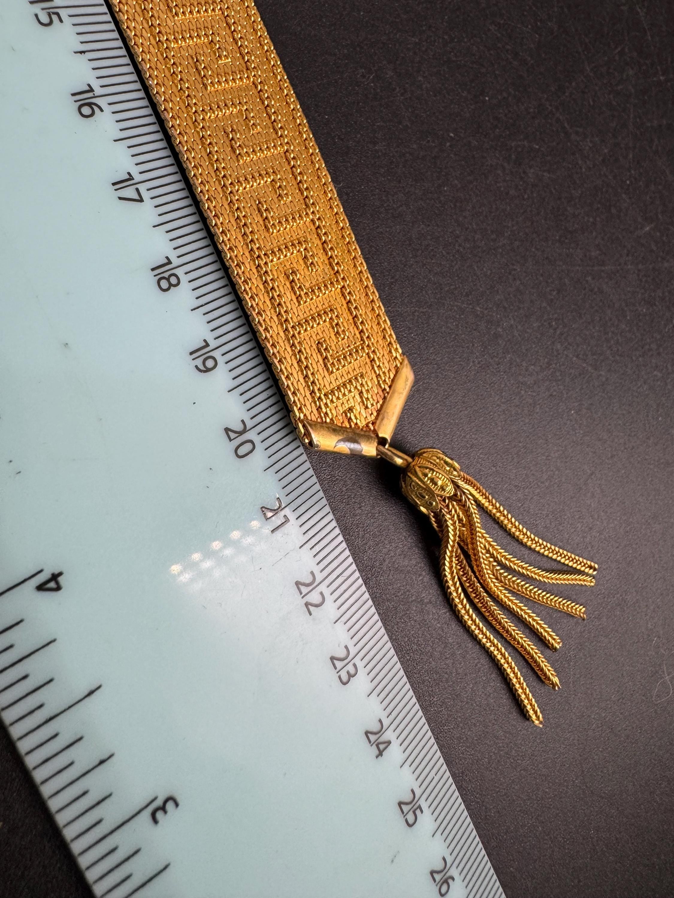 GREEK KEY gold mesh tassel bracelet, vintage 1970s