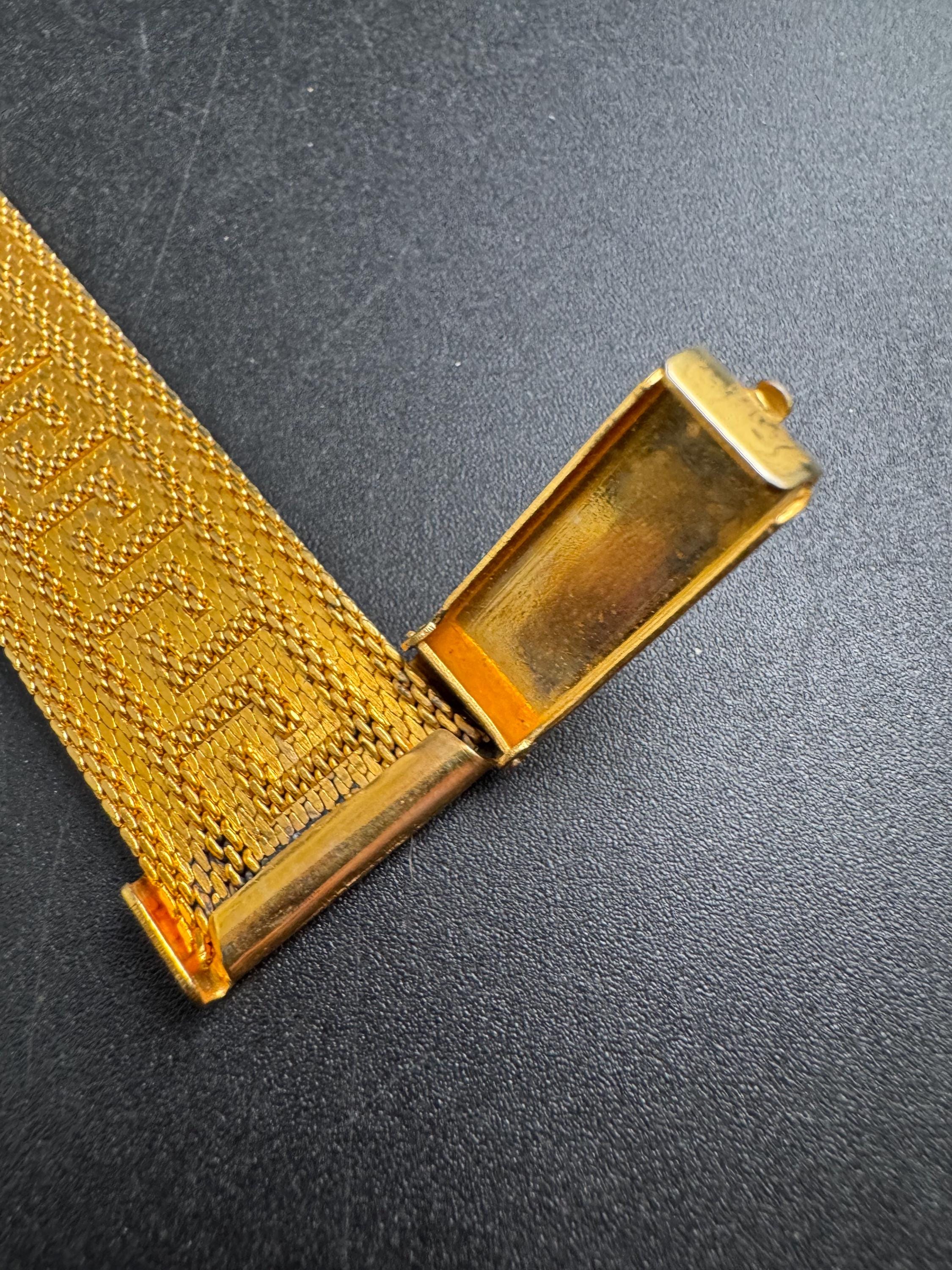 GREEK KEY gold mesh tassel bracelet, vintage 1970s