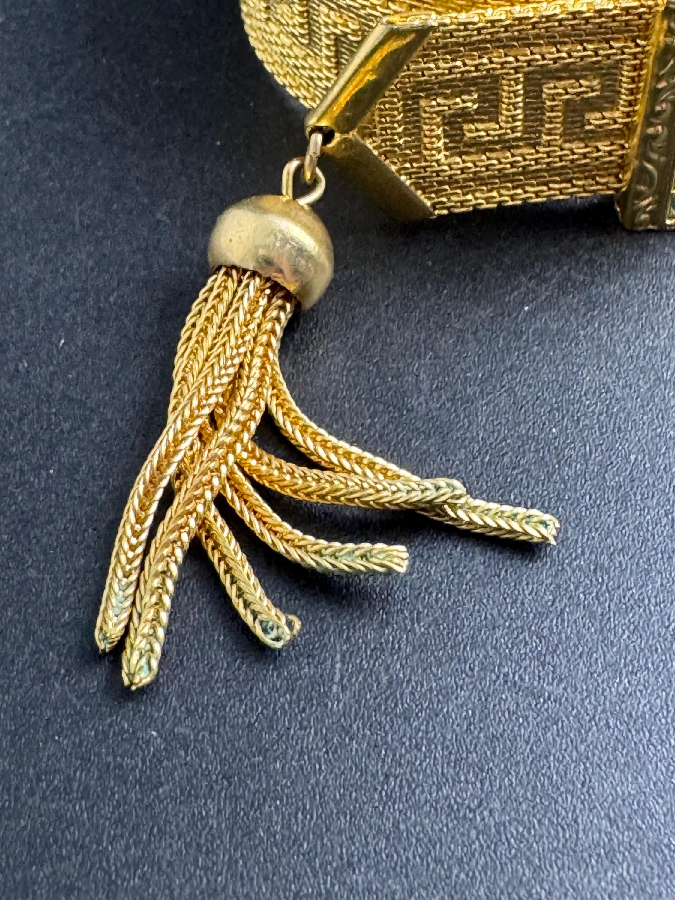 GREEK KEY gold mesh tassel bracelet, turquoise blue cabochons vintage 1970s