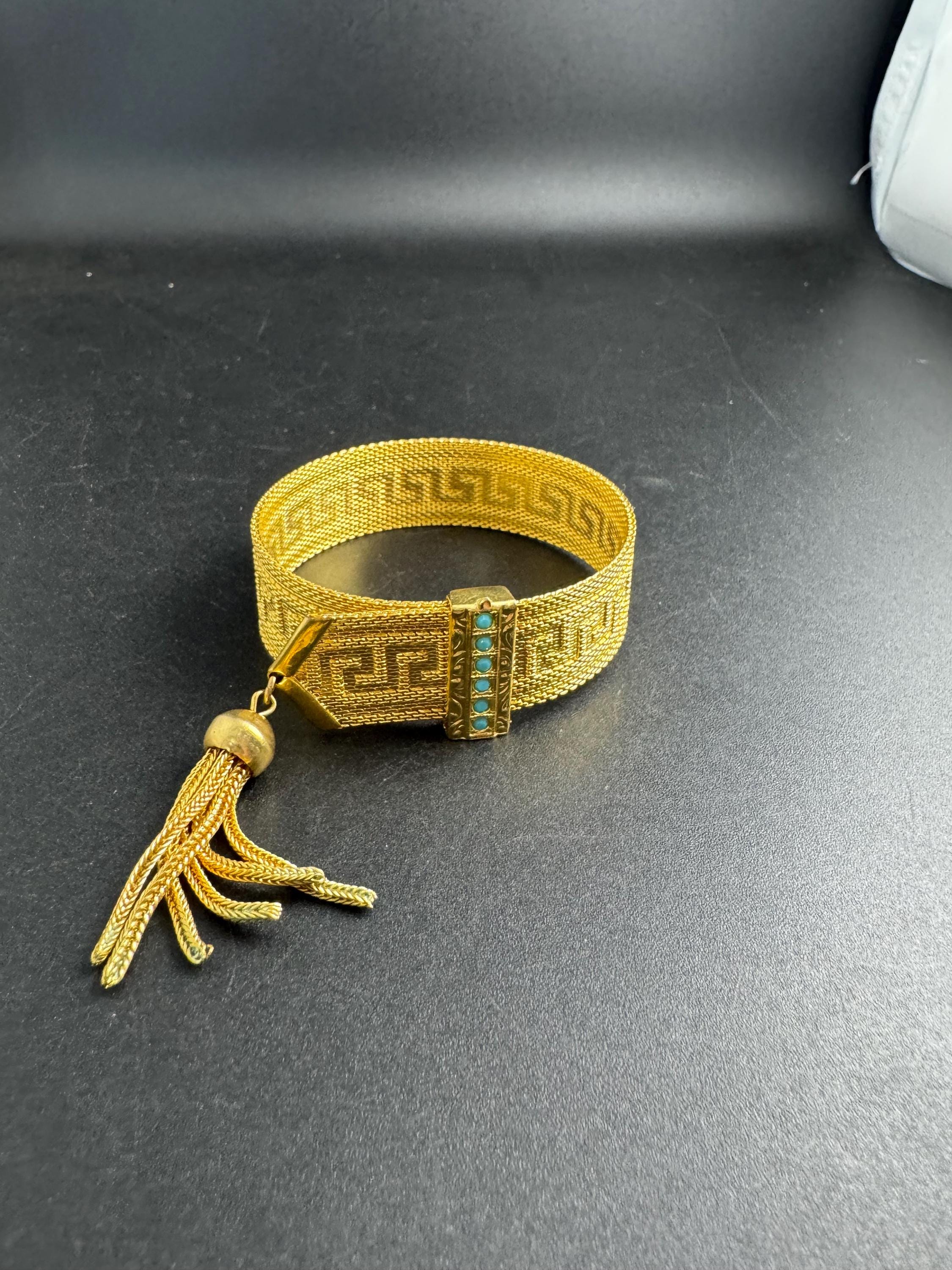 GREEK KEY gold mesh tassel bracelet, turquoise blue cabochons vintage 1970s