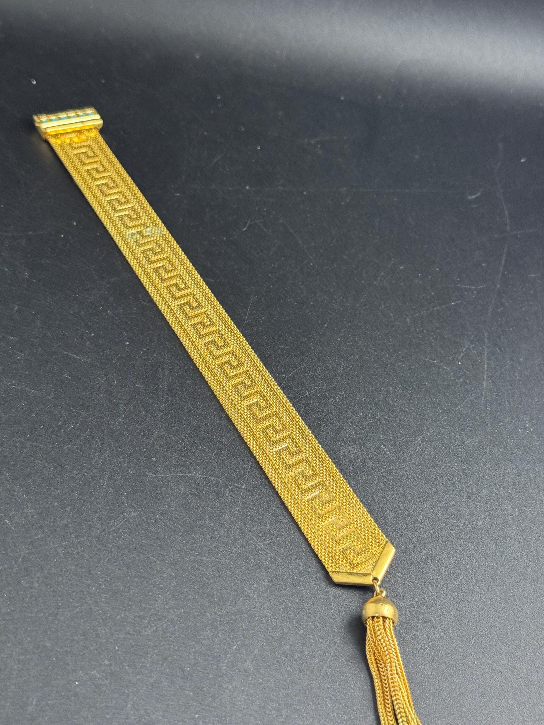 GREEK KEY gold mesh tassel bracelet, turquoise blue cabochons vintage 1970s