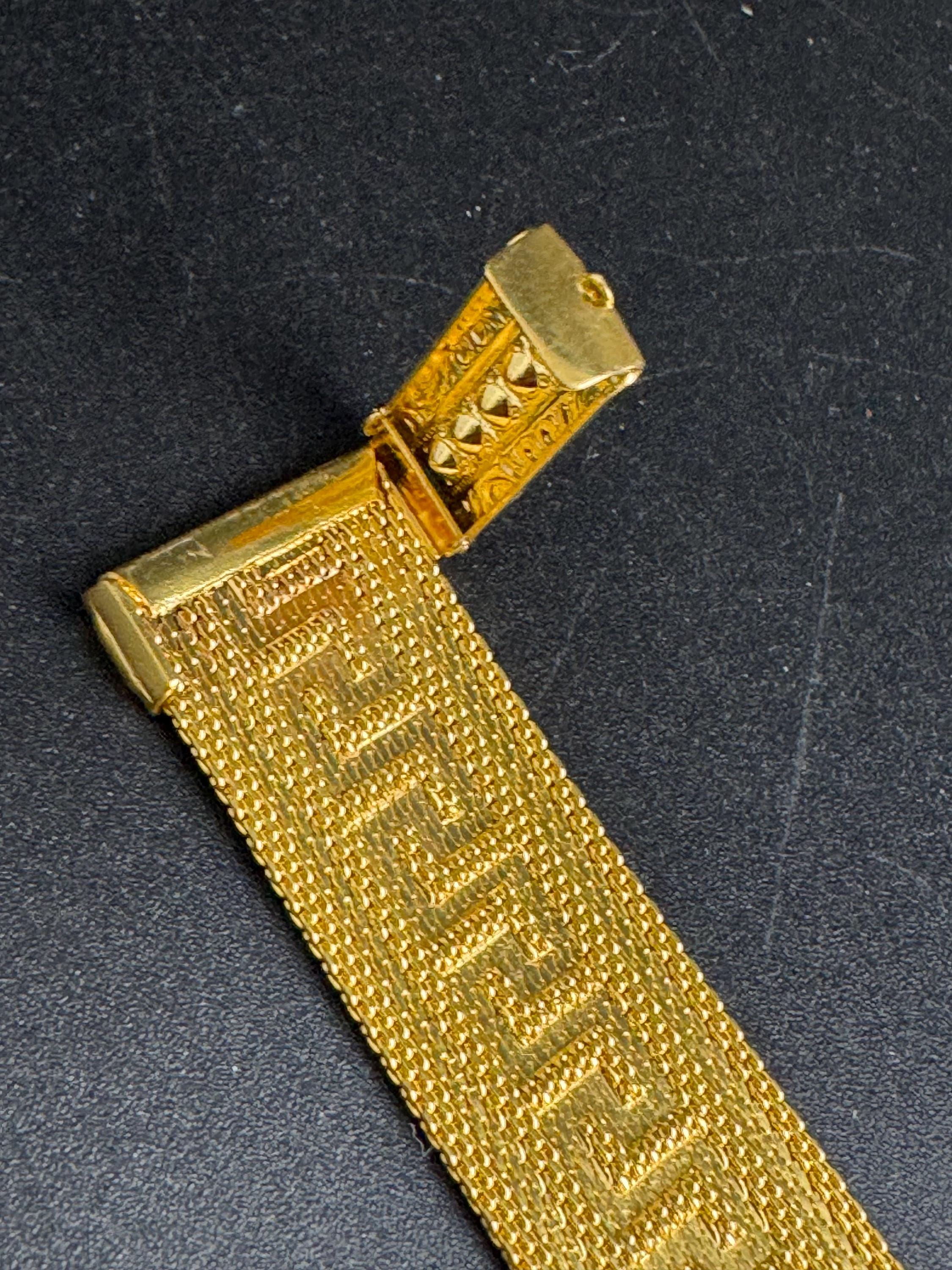 GREEK KEY gold mesh tassel bracelet, turquoise blue cabochons vintage 1970s