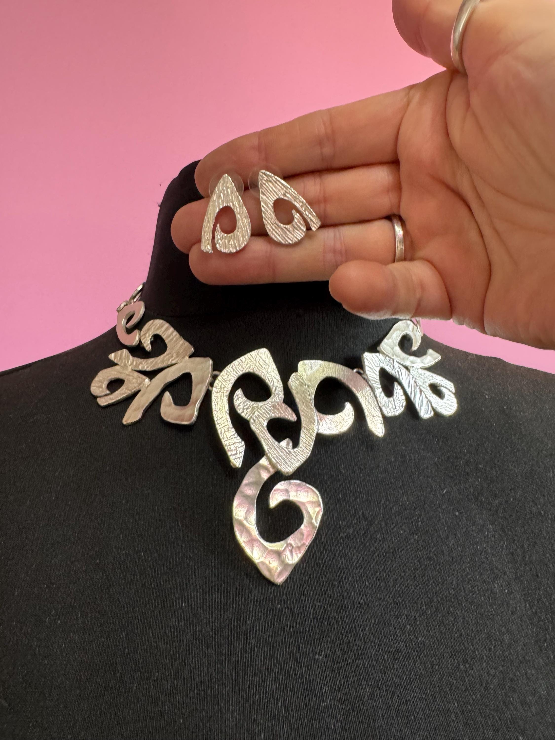 Dolce Vita Silver Tone Modernist Necklace and Earrings Set, Signed Paris Designer