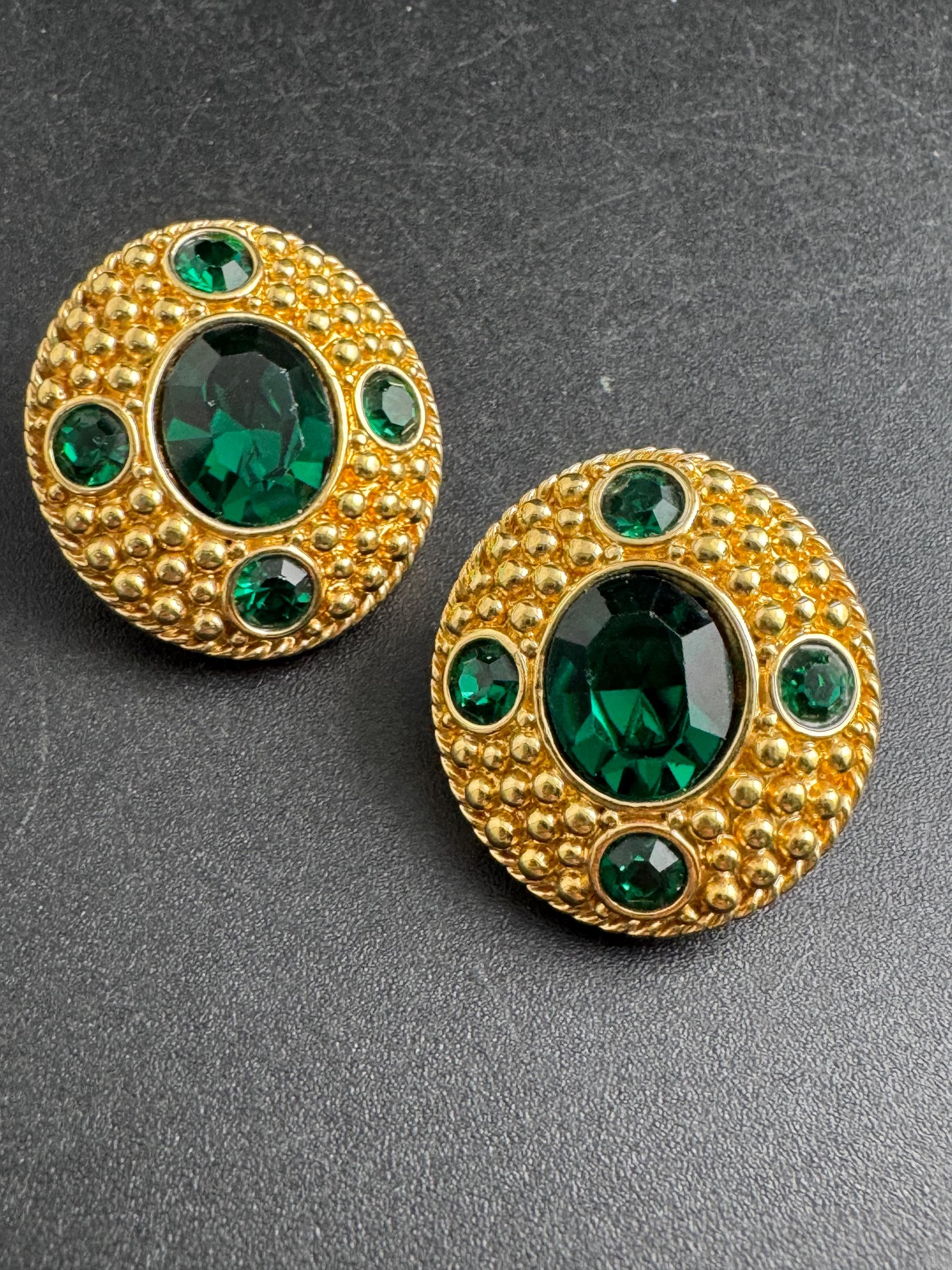 Swarovski emerald Etruscan stud earrings, Signed gold plated crystals