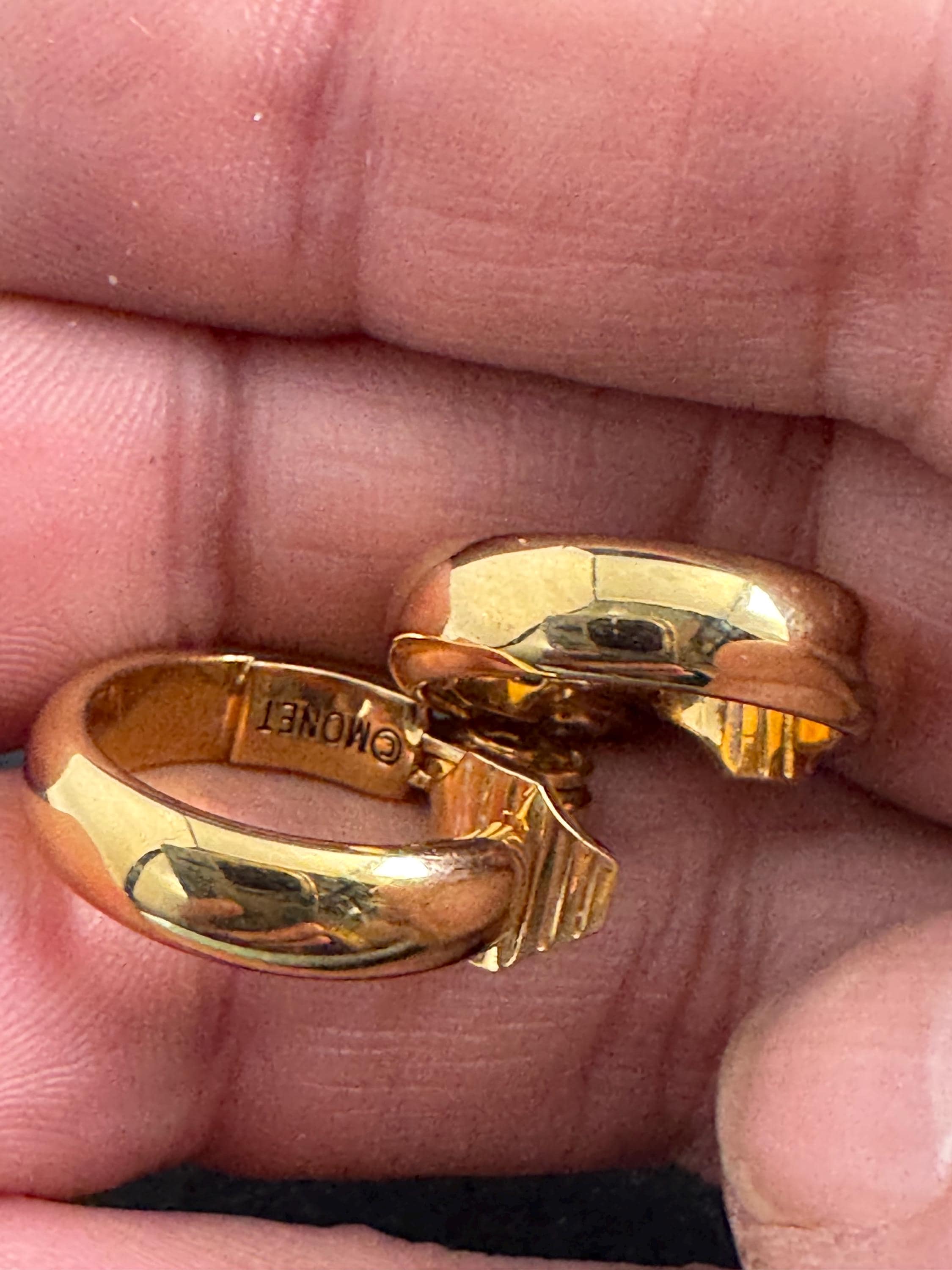 Gold Hoop clip on earrings, Signed MONET