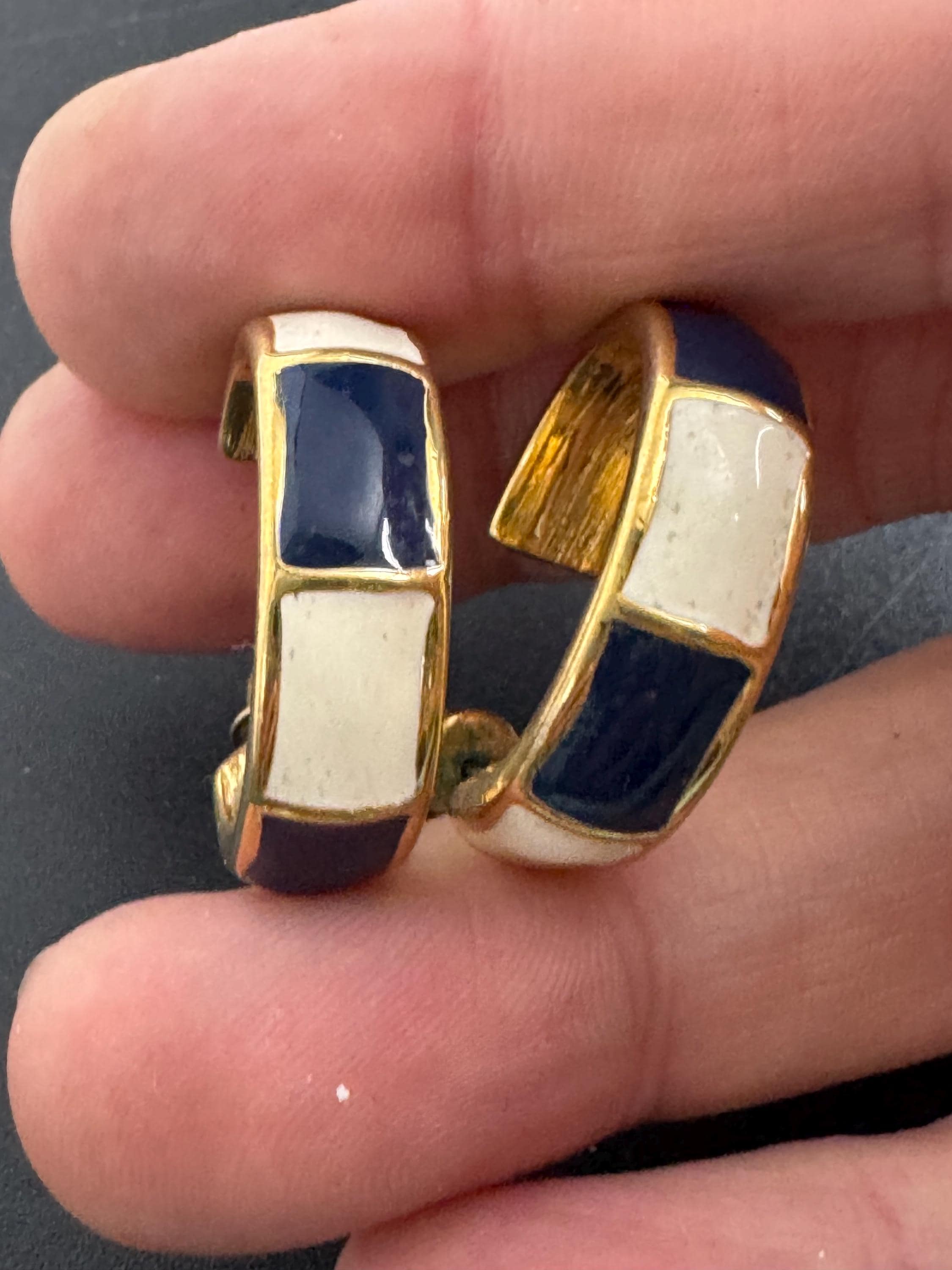 Black and cream Hoop pierced earrings, Signed MONET enamel