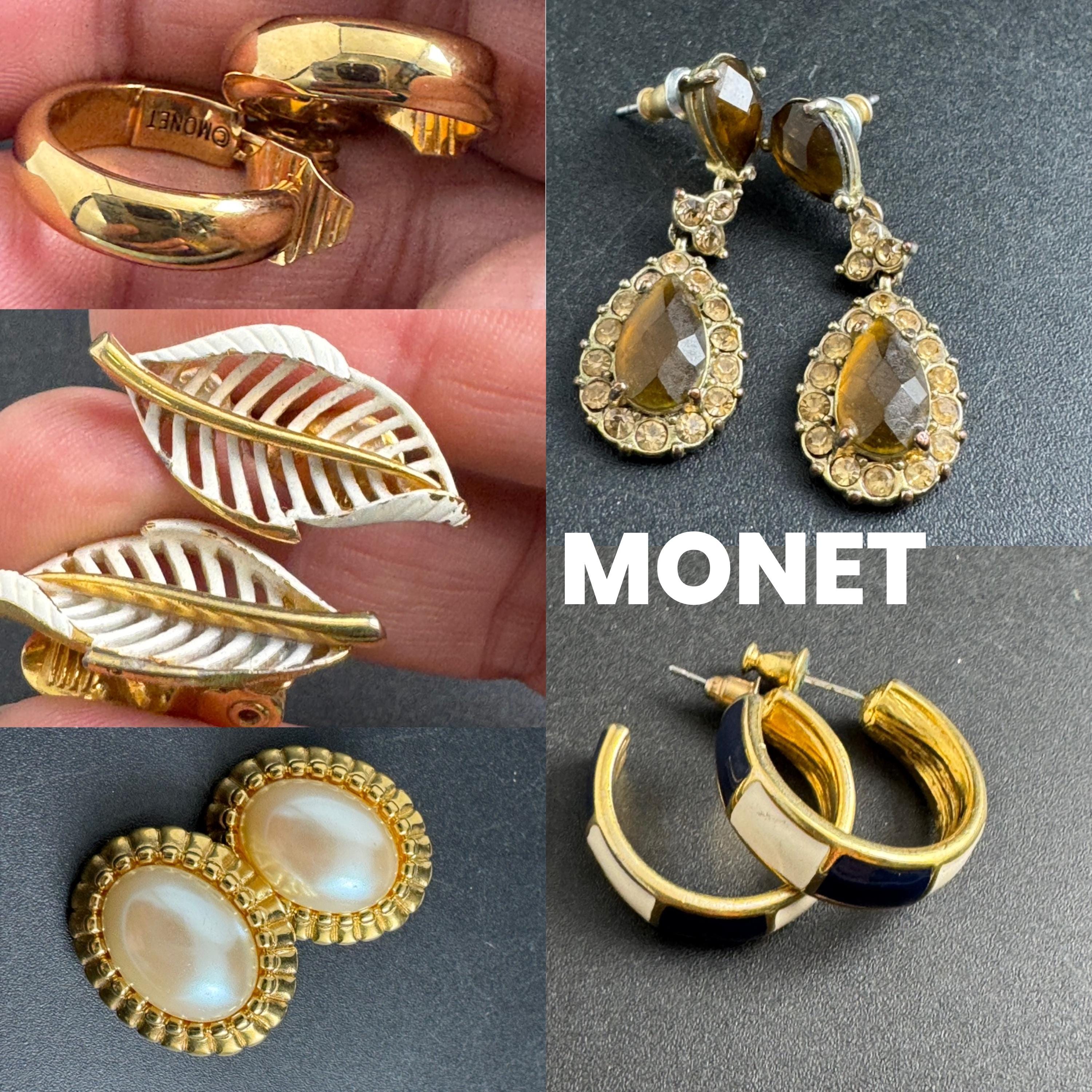 Black and cream Hoop pierced earrings, Signed MONET enamel