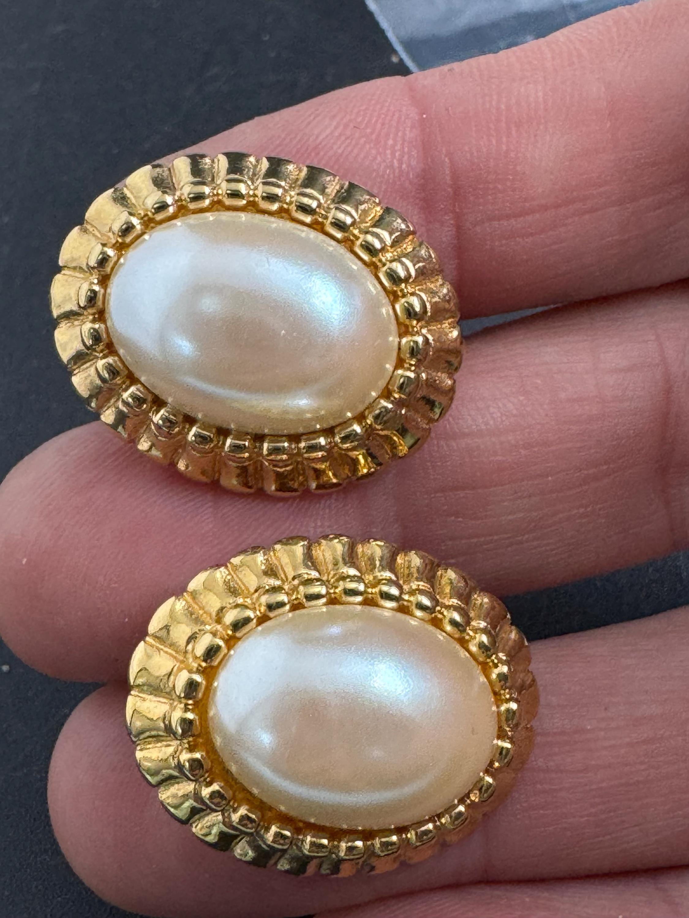 Monet Pearl oval Clip On Earrings: 22ct Gold Plated, signed and vintage