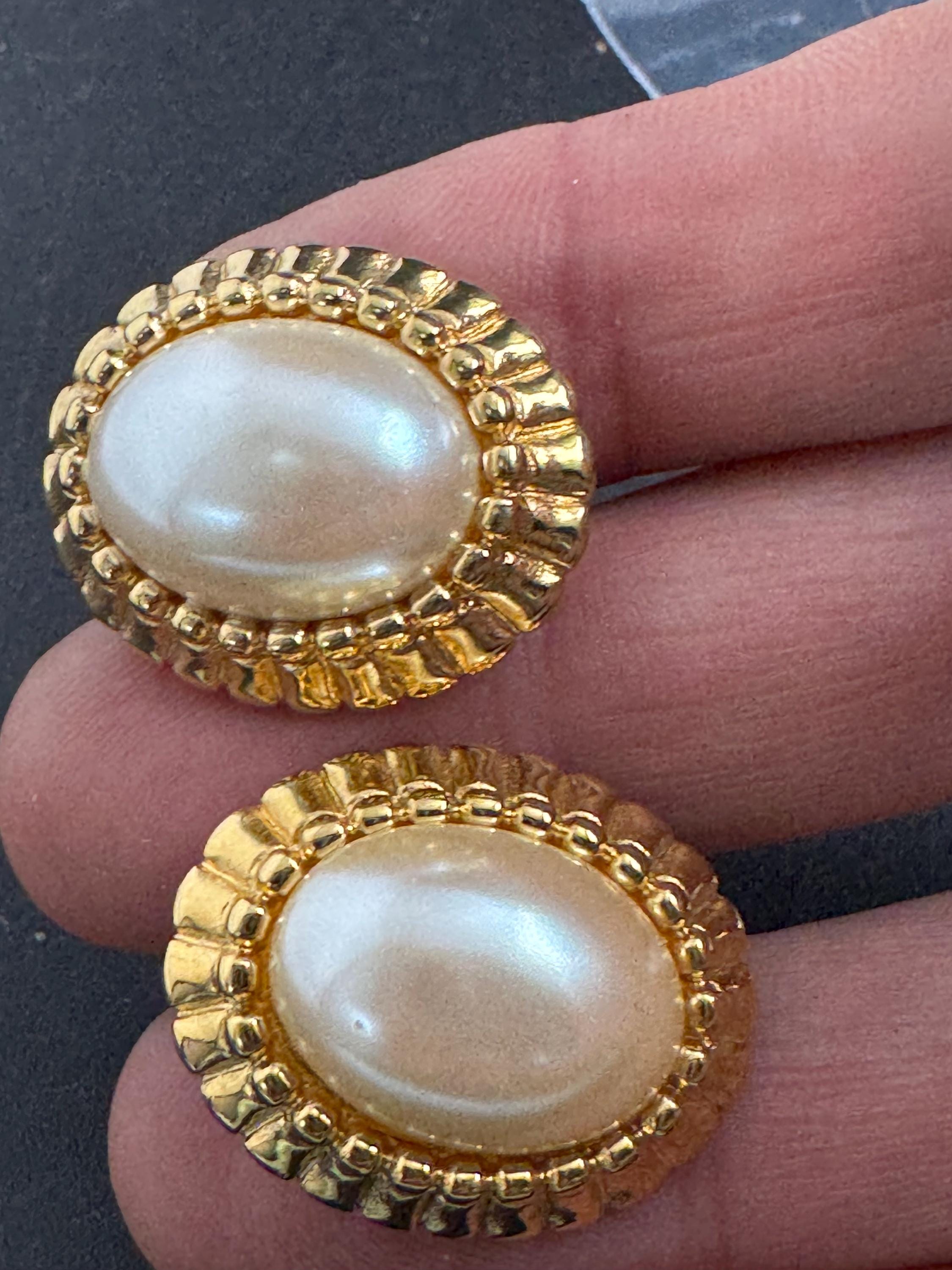 Monet Pearl oval Clip On Earrings: 22ct Gold Plated, signed and vintage