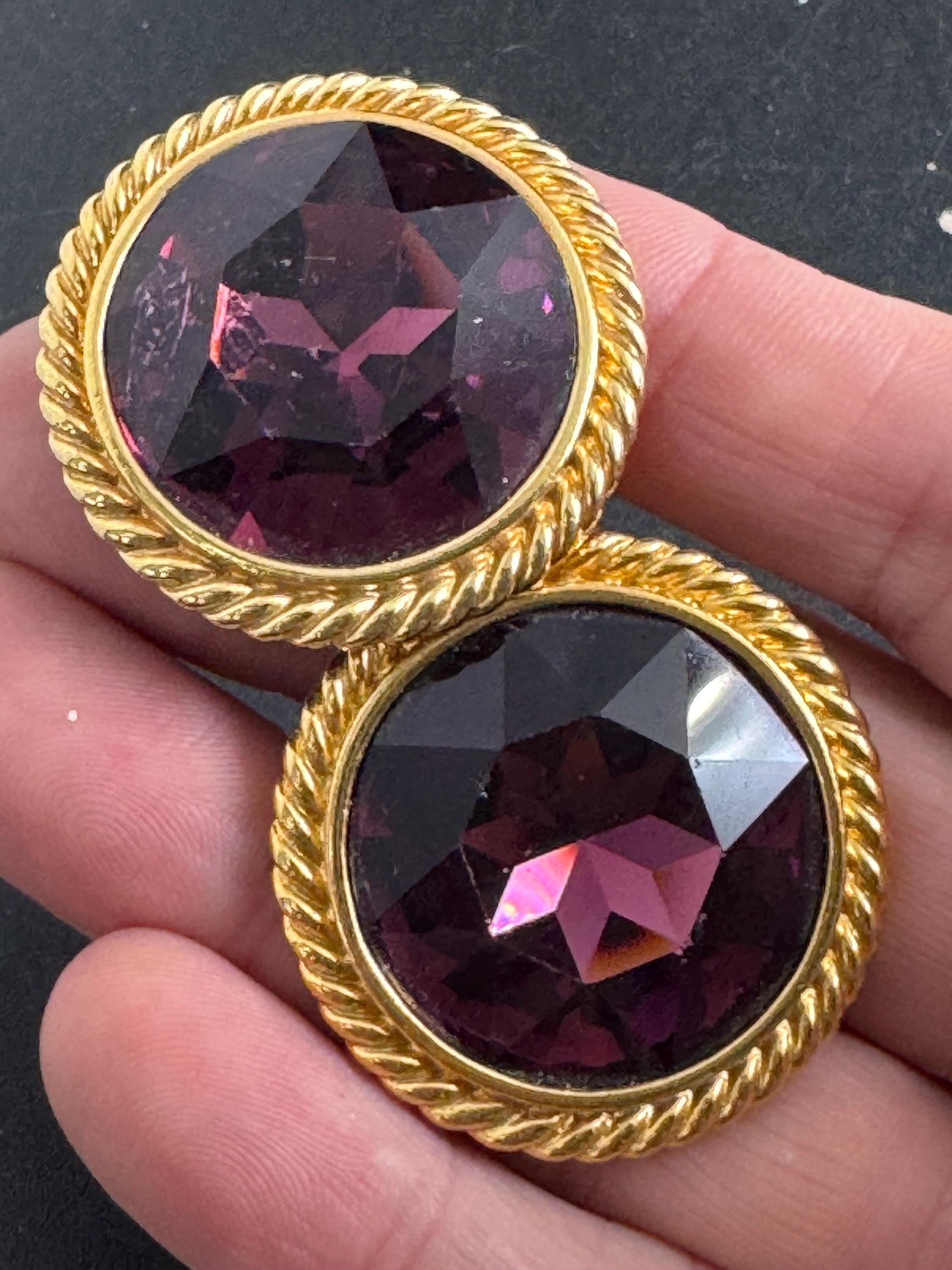 XL NAPIER purple rhinestone clip on earrings, Vintage rope edge 3.5cm