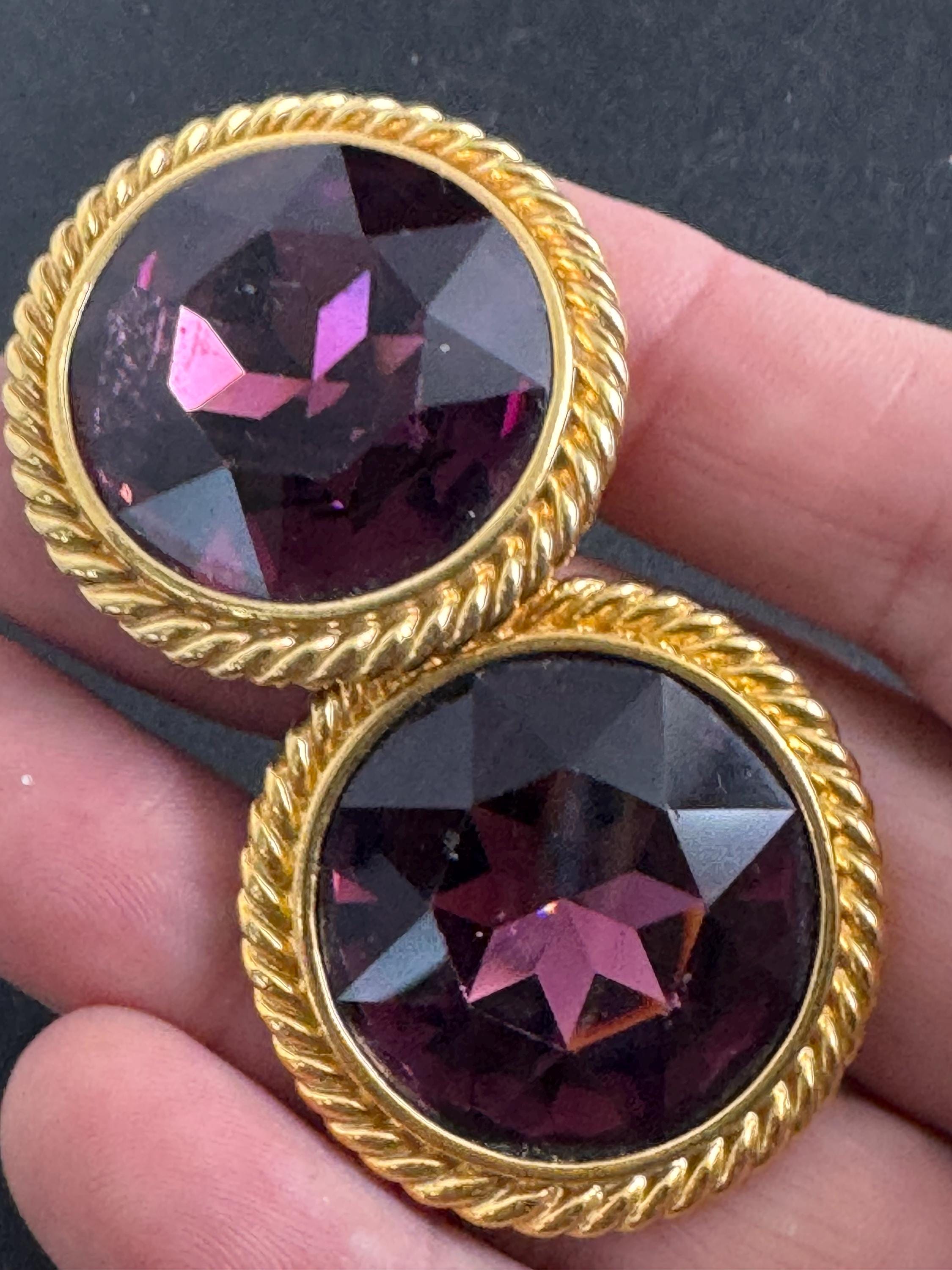 XL NAPIER purple rhinestone clip on earrings, Vintage rope edge 3.5cm