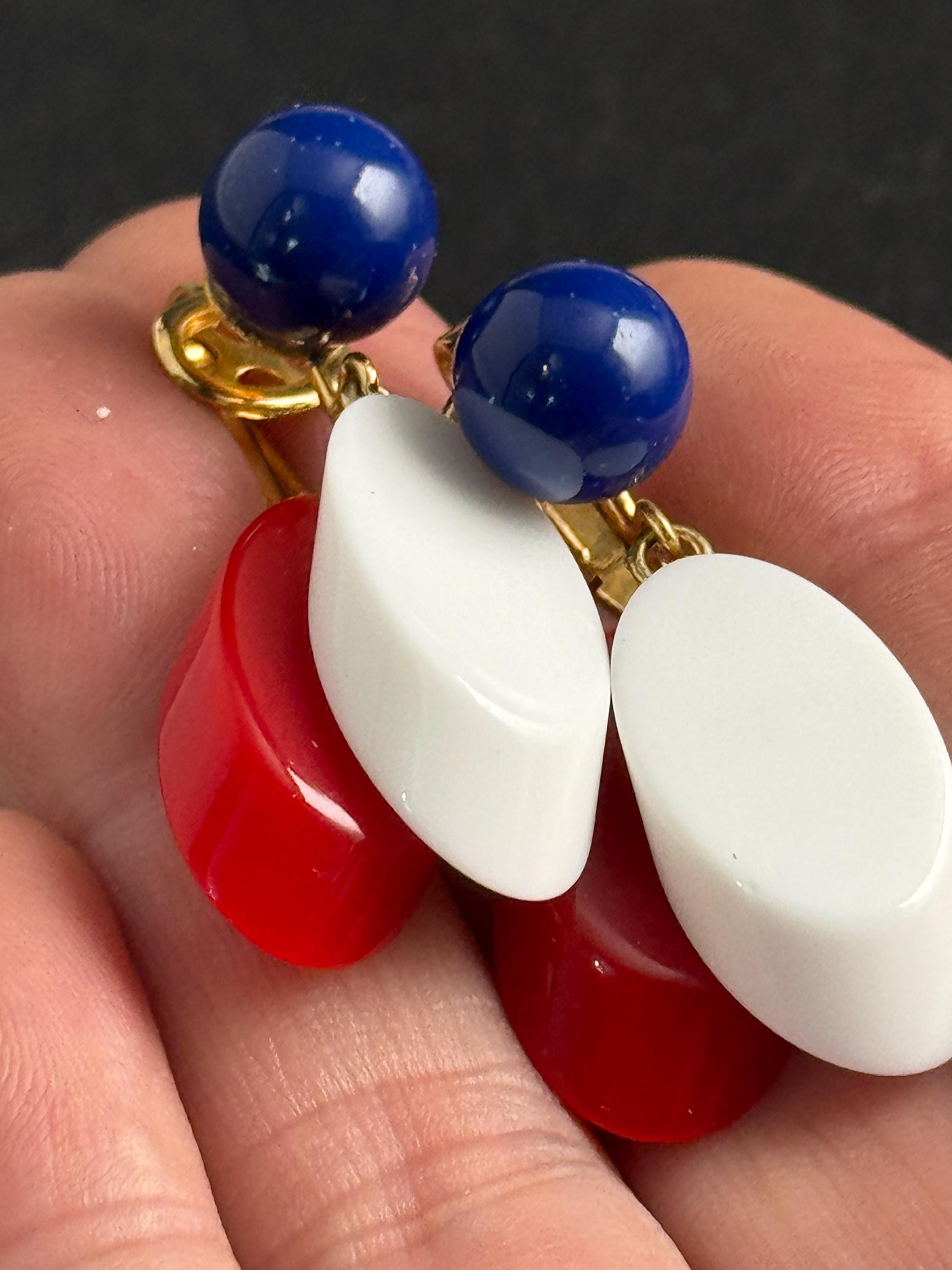 Vintage Trifari plastic clip on earrings, red white and blue dangly USA signed